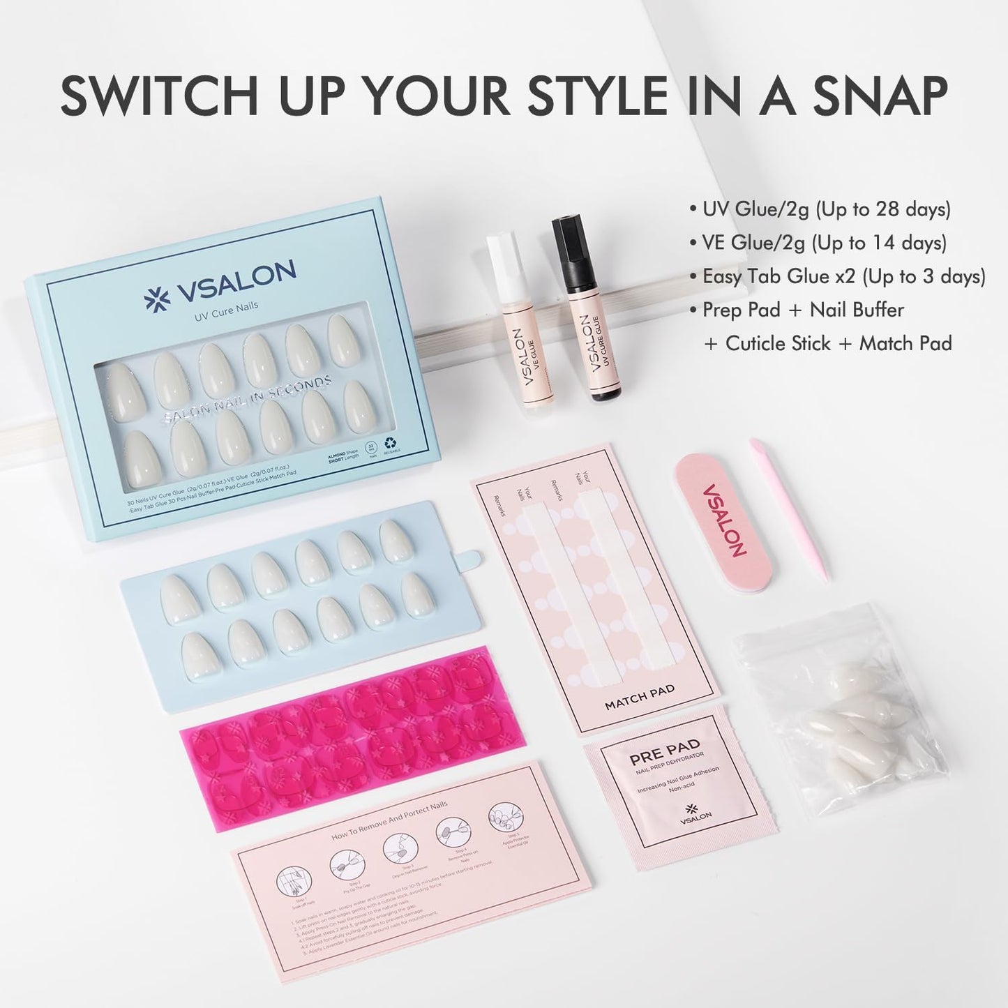 VSALON Almond Short Press On Nails, Milky White Sheer Jelly Finish Nail Kit & Blue Cat Eye Mini Pack