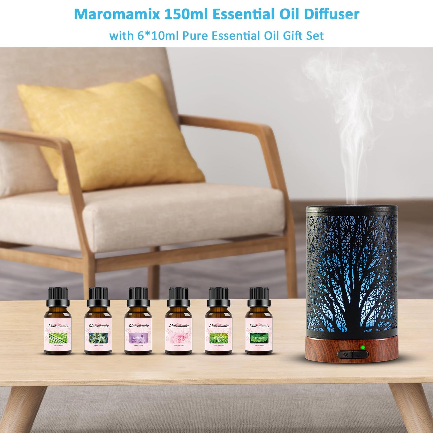 Oil Diffuser & Essential Oils Set - Oil Diffuser 150ml with 6 Essential Oils Set, Aromatherapy Cool Mist Oil Diffusers for Essential Oils, Auto Shut-Off，7 Colors Night Light,Gifts for Mom