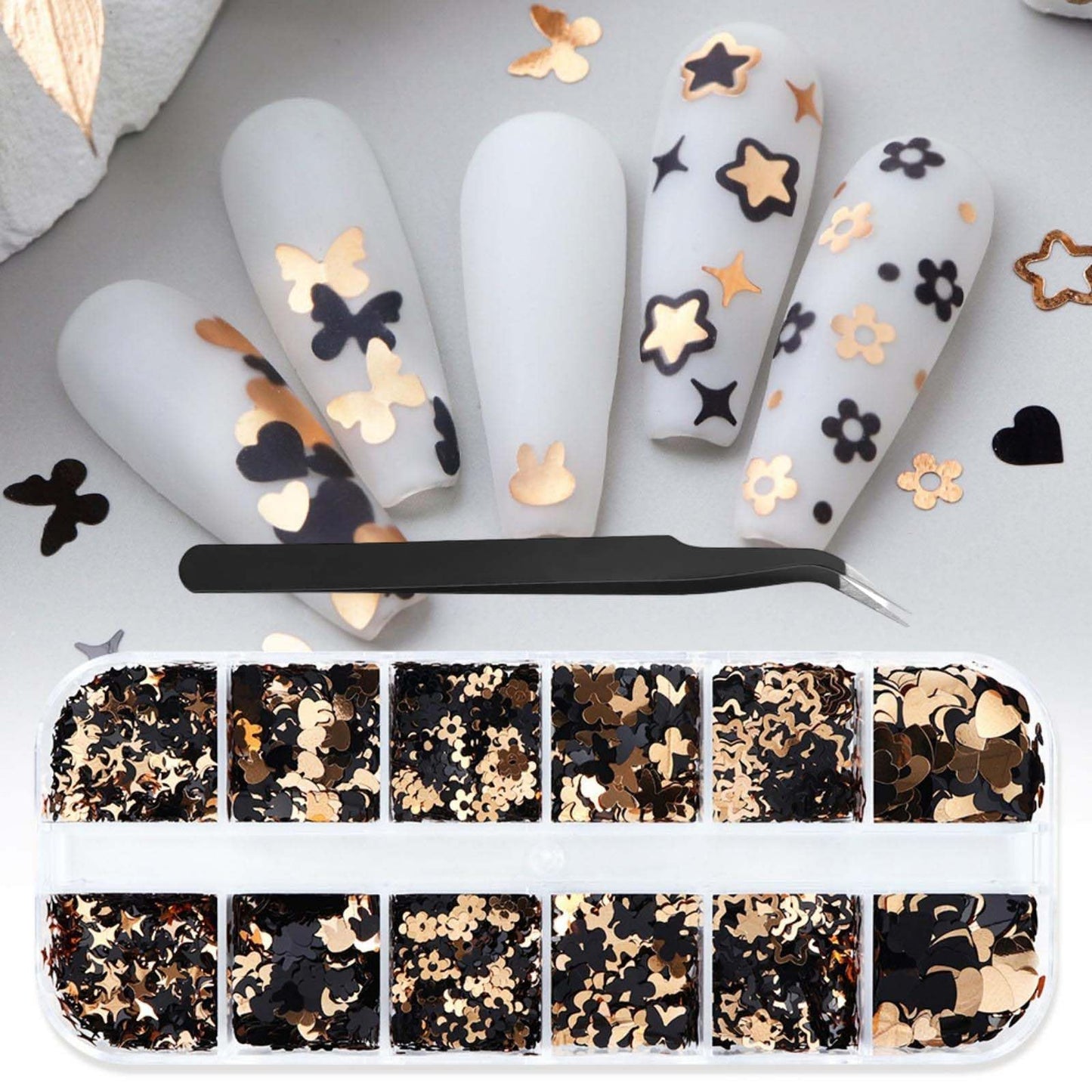 Black Gold Nail Glitter Cute Butterfly Nail Sequins 3D Hearts Nail Flakes Sparkling Flower Glitter Flakes Mixed Shape Star Nail Art Glitter Shiny Nail Sequins Glitter for Nails Art 1 Box 12Grids