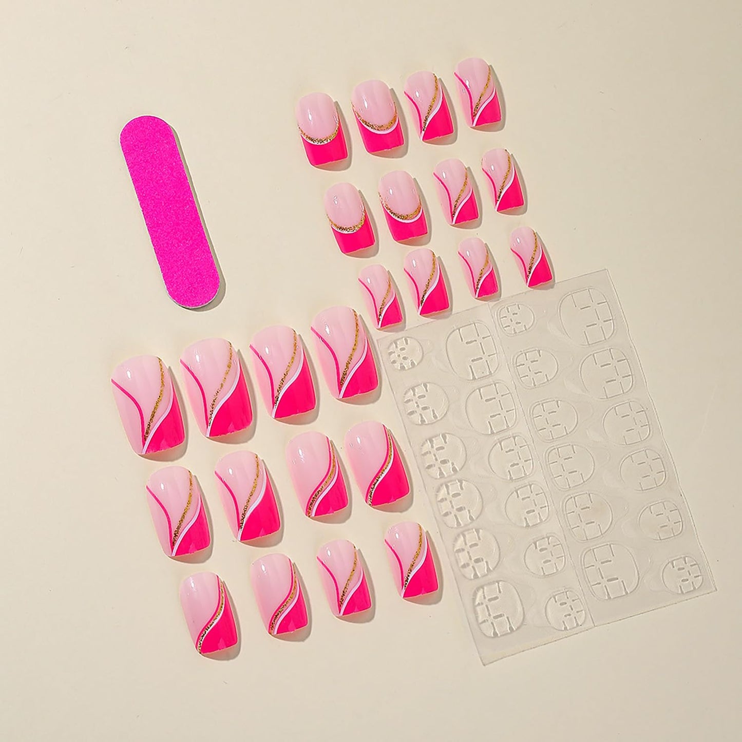 Vezocim Pink French Tips Press on Nails Square Shapes 24Pcs Glossy Full Cover Medium Acrylic Square False Nails with Gold Line Designs Artificial Coffin Fake Nails Glue Stick ons Fingernails for Women