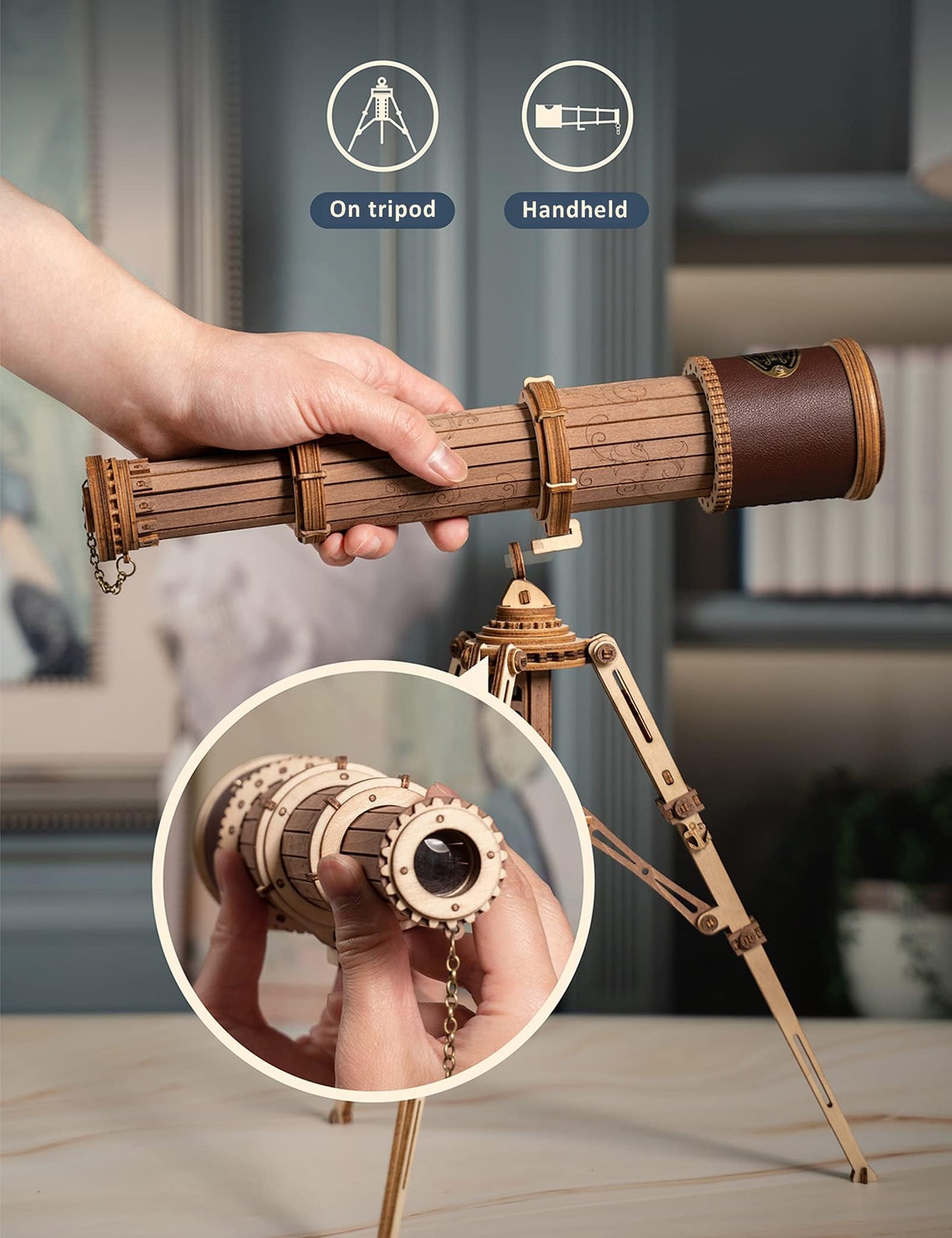 ROKR 3D Puzzles for Adults Wooden Telescope Building Model Kit with Tripod for Adults -3X Magnification Science Kit Gifts for Adult