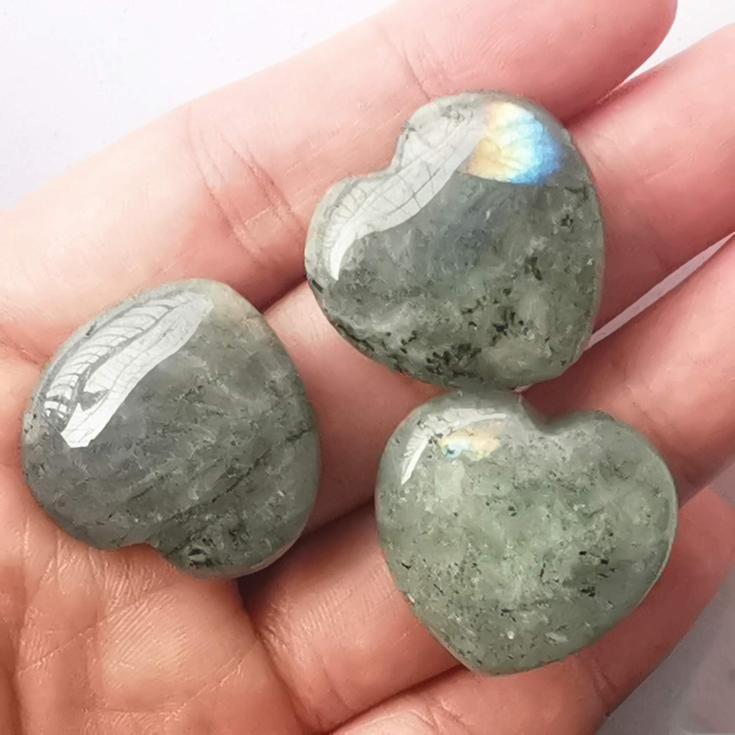 Bacatgem 3 Pcs Natural Moonstone Pocket Palm Thumb Healing Crystal Heart Love Worry Stones,1 inches Reiki Balancing Crystal and Healing Stones