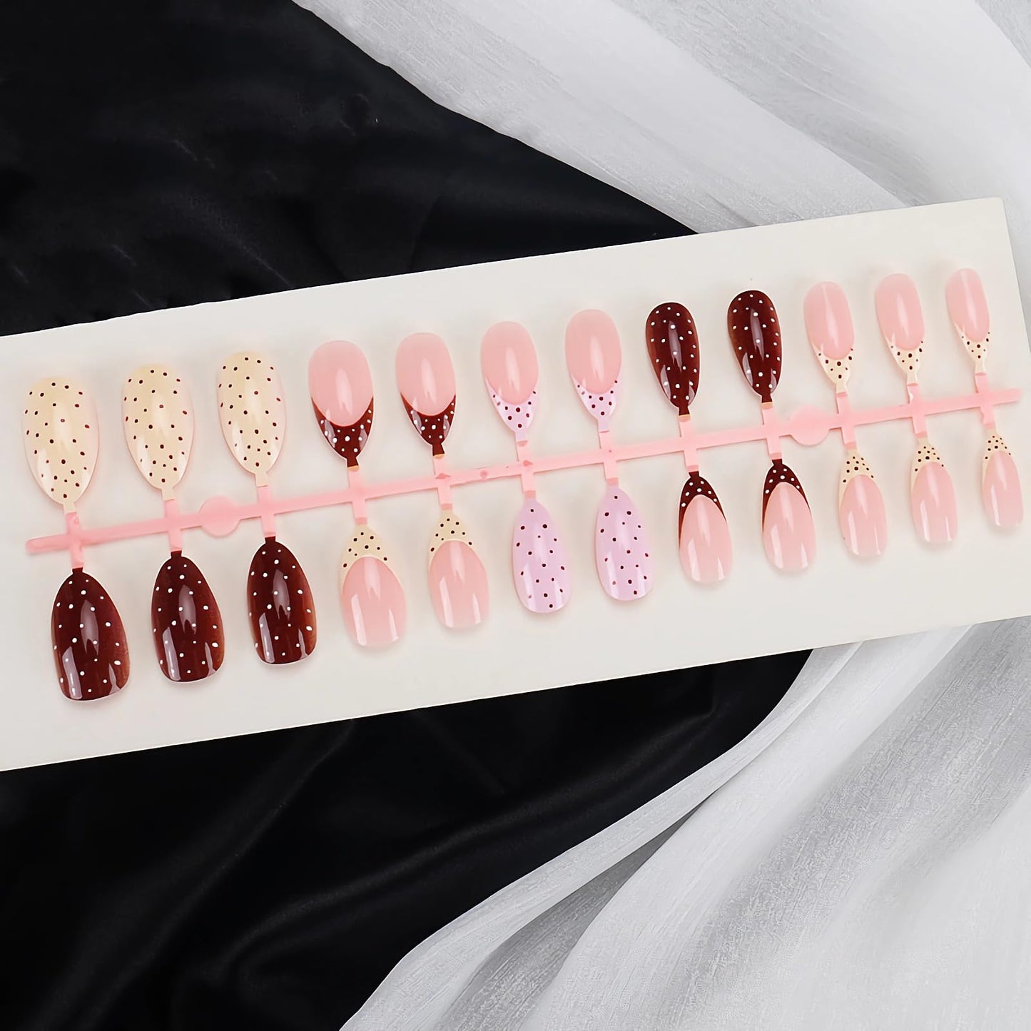 BABALAL Acrylic Press on Nails Short Almond Fake nails, Polka Dot, Brown Pink French Tip, Fall, Trendy, 24Pcs Glossy Full Cover Manicure False Nails with Glue