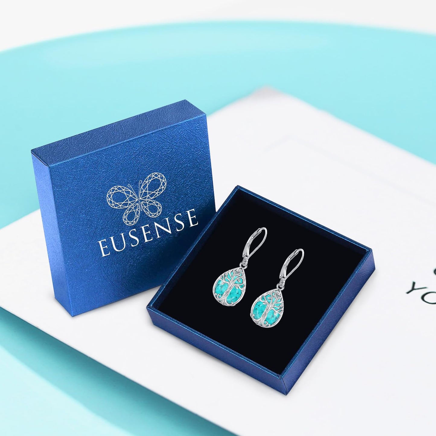 Eusense Tree of Life Earrings Sterling Silver Dangle Leverback Turquoise Earrings for Women Teardrop Drop Sterling Silver Tree of Life Jewelry Gift