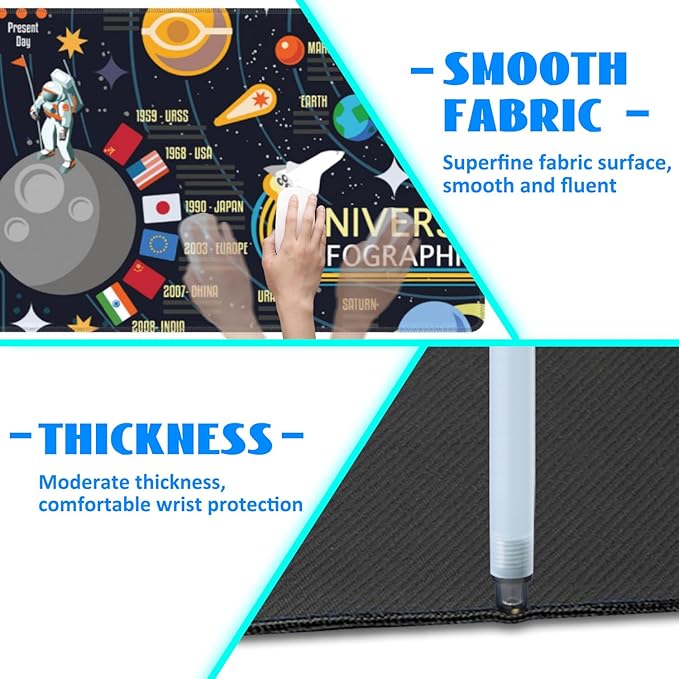 Desk Mat, 3D Solar System Galaxy Infographic Extended Gaming Mouse Pad Large, 31.5"x11.8" Big Mouse Pad with Non-Slip Base and Stitched Edge, Long Computer Keyboard Mouse Mat for Home Office Work