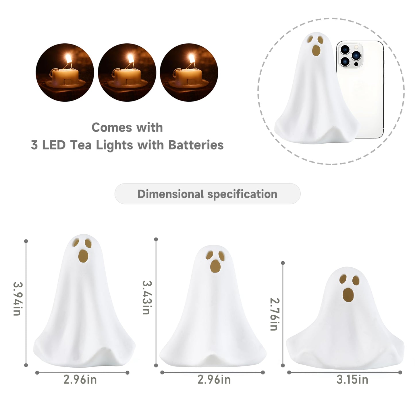 AOMOONOA Ceramic Ghost Decor, 3Pcs Light Up Ghosts for Indoor Halloween Decorations, Battery Powered White Mini Ghost Figurines with LED for Spooky Halloween, Home Tabletop Shelf Centerpieces