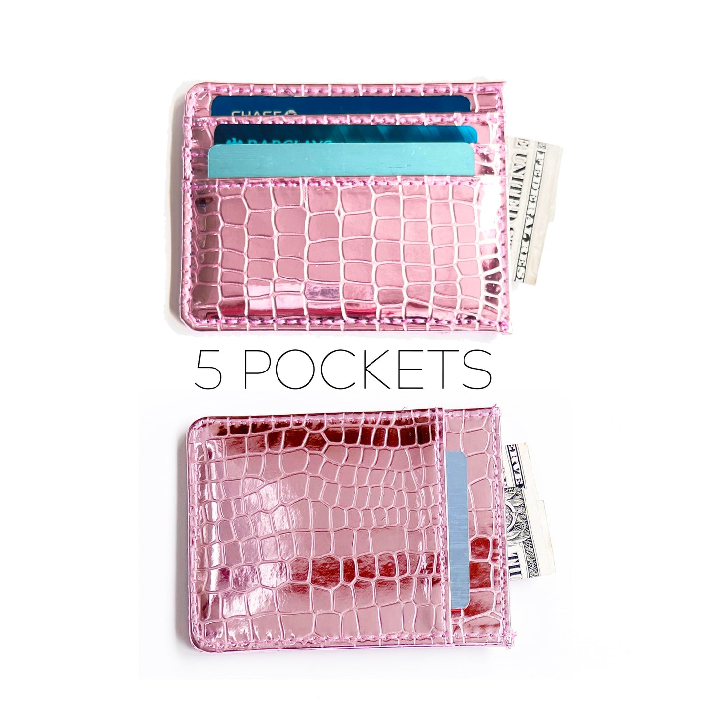 SWEDEY Super Shiny Slim Credit Card Holder Mini Front Pocket Wallet in Mirror Metallic Faux Crocodile pattern (Metalic Pink)