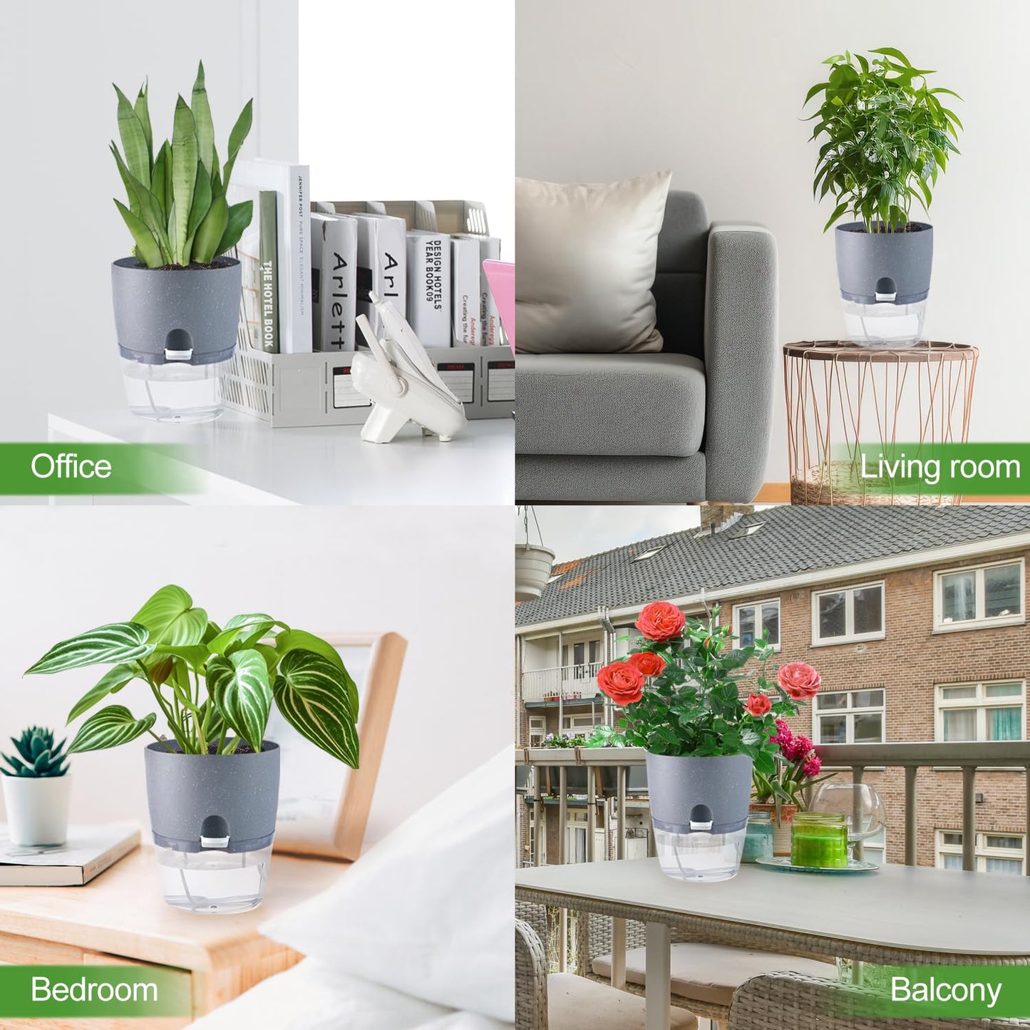 Oliz 6 Inch Self Watering Pots for Indoor Plants, 6 Pack Grey Plastic Flower Pots with Drainage Holes for African Voilet Herbs All House Plants (Include 1 Spray Bottle)
