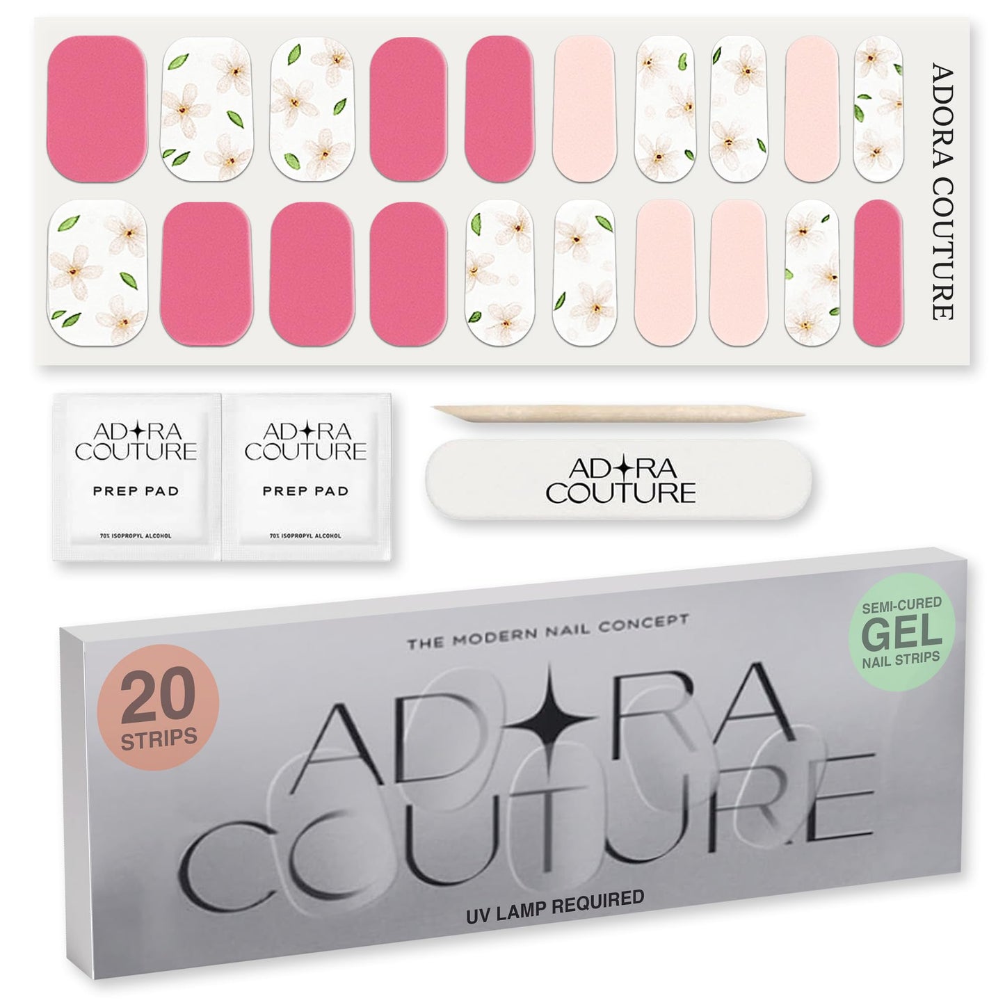 Adora Couture Semi-Cured Gel Nail Strips - 20 Salon-Quality Gel Sticker with UV Light Required, Long Lasting, Easy Application & Removal, Includes Prep Pad, Nail File, Wooden Stick – Blush and Bloom