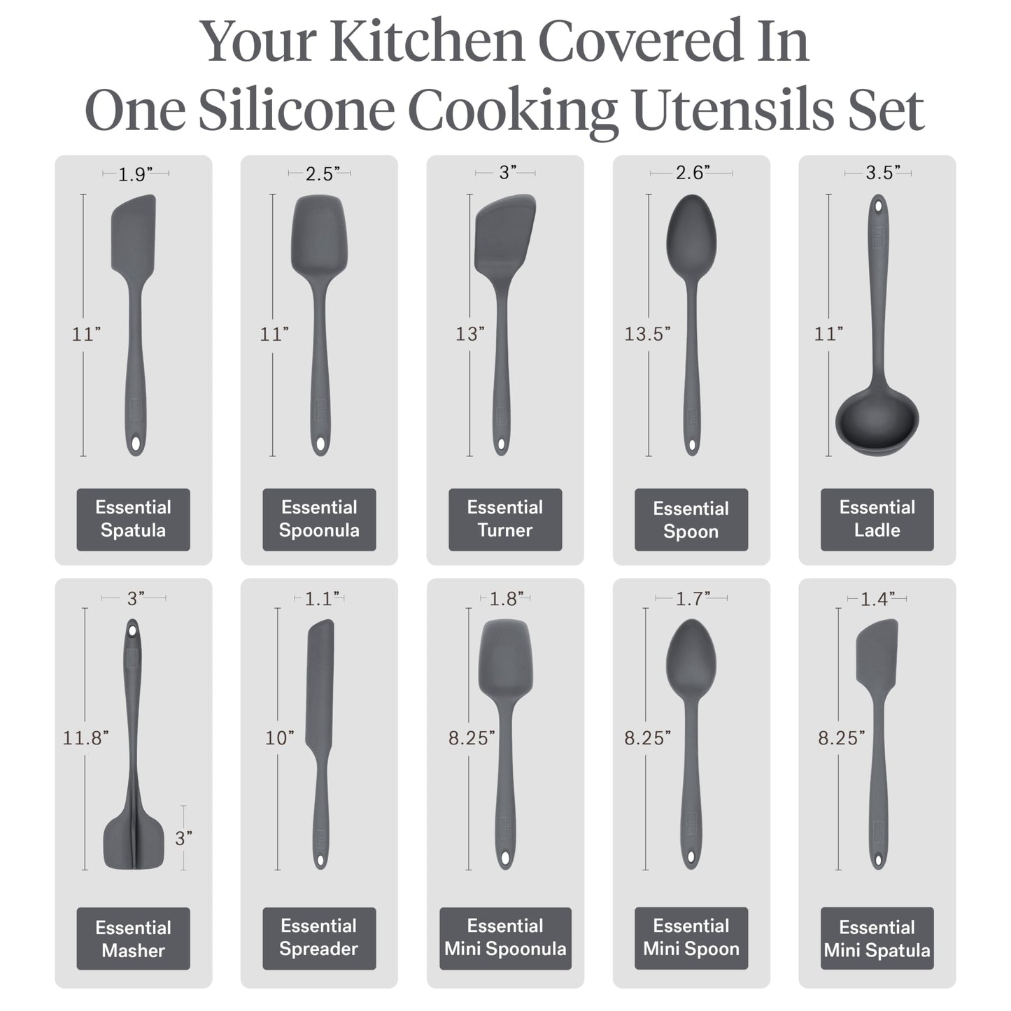 GIR: Get It Right 10-Piece Silicone Essentials Kitchen utensils set - Ladle, Spatula, Flip, Spoon & Spoonula - Non toxic cooking utensils for Nonstick Cookware, Cooking and Baking - Charcoal