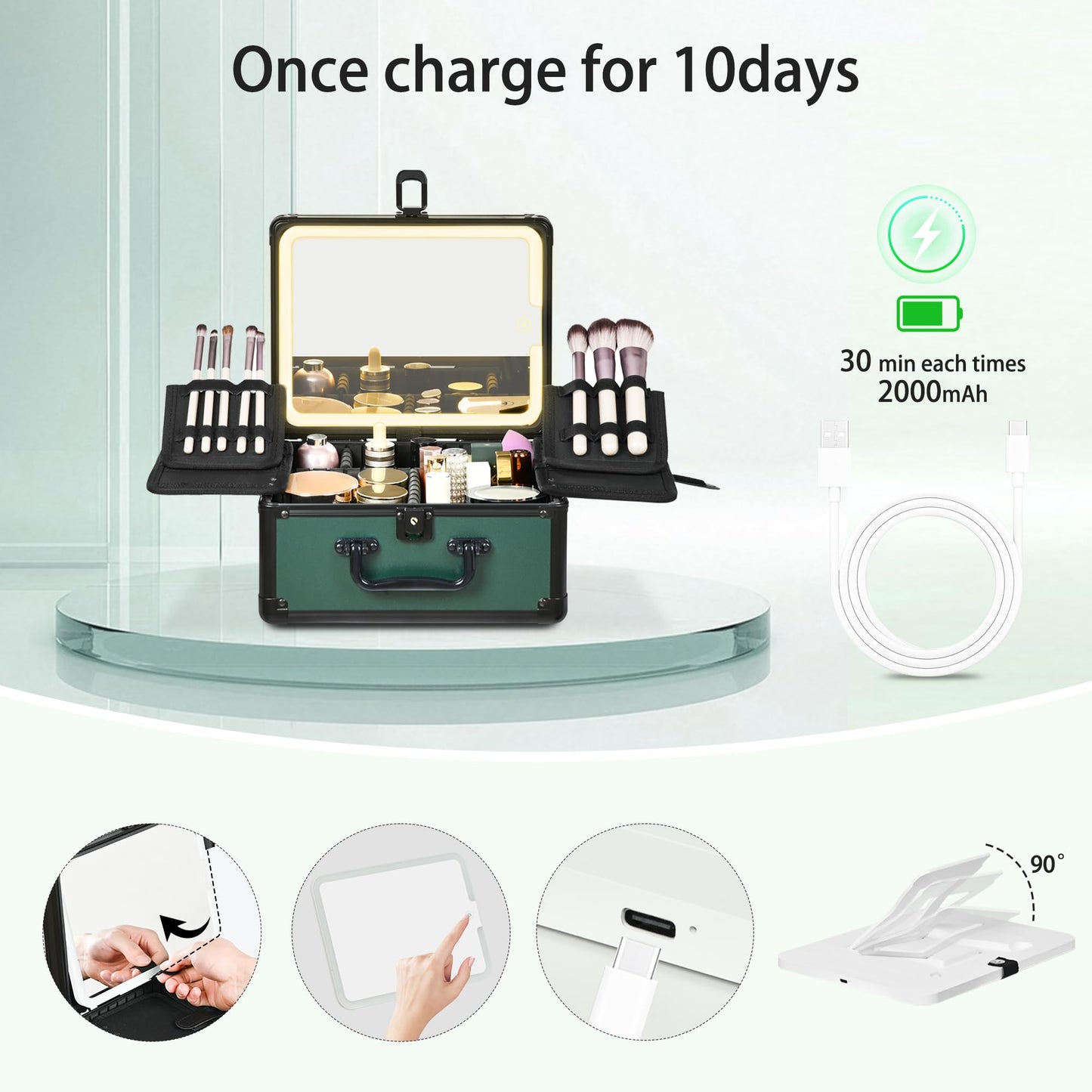 GALHUBIS Makeup Case with Lighted Mirror, Makeup Box Organizer with Detachable LED Mirror, Travel Makeup Train Case, Waterproof Cosmetic Organizer, Standing Makeup Brush Holder, Gift, Black Green