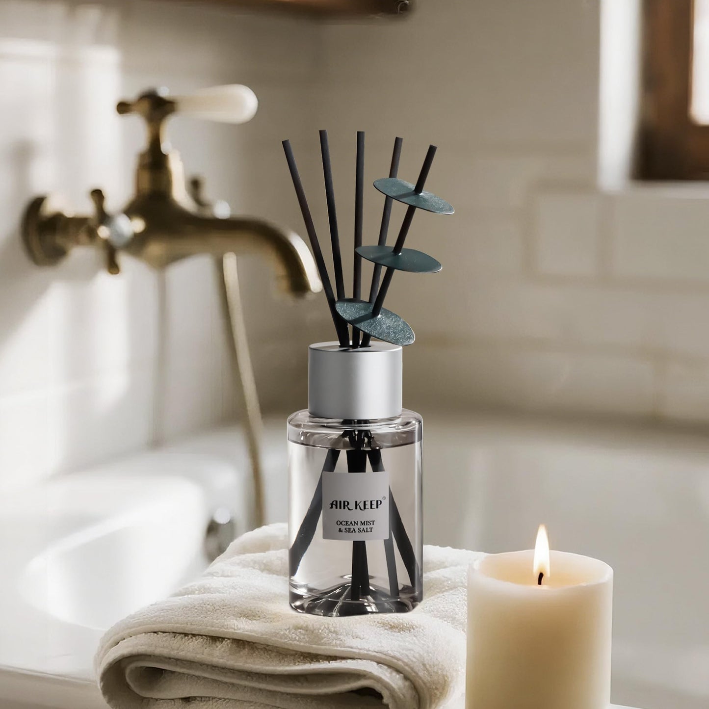 Airkeep Reed Diffuser/Grey Reed Diffuser Set/6.7 oz(200ml)/Ocean Mist&Sea Salt Oil Diffuser & Reed Diffuser Sticks/Home Decor & Office Decor, Fragrance and Gifts