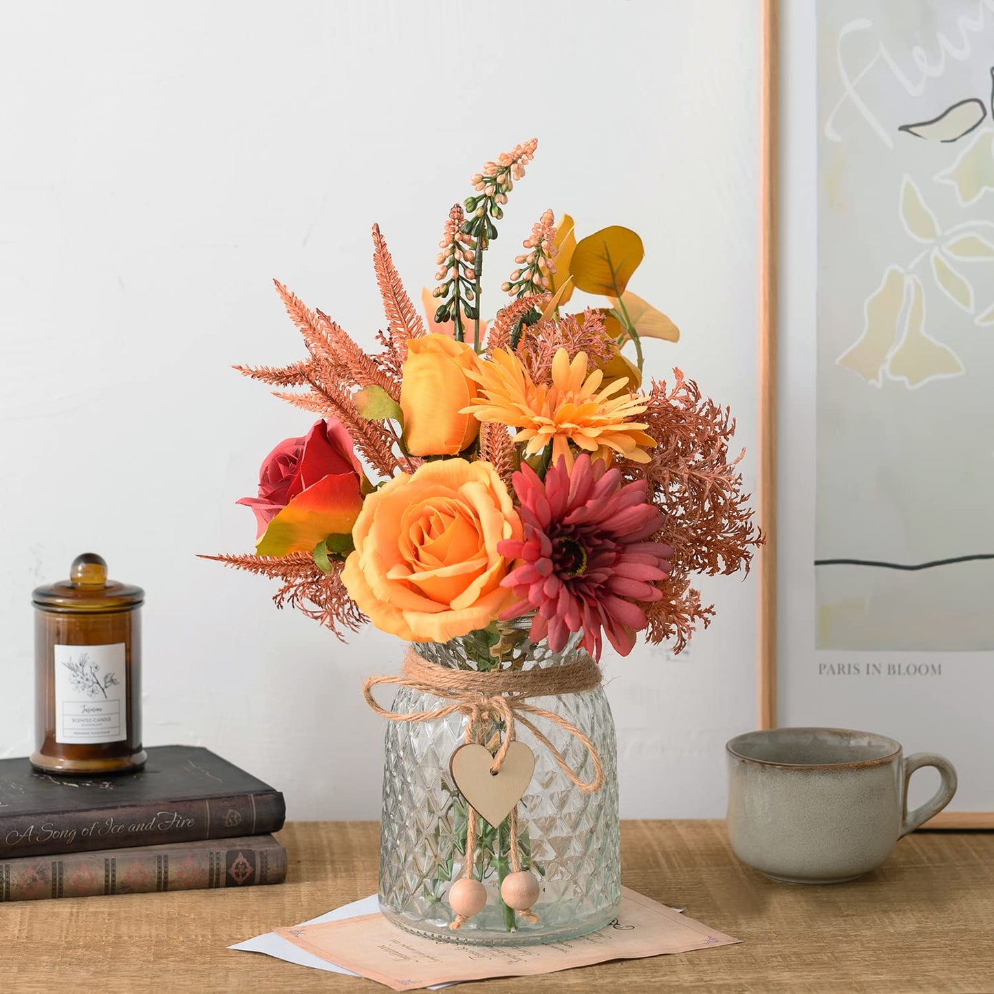 COZZI CODI Artificial Flowers with Vase, Faux Silk Flowers Arrangement in Vase, Rustic Home Office Decorations, Farmhouse Dining Table Decor, Coffee Table Centerpiece, Fall Table Plant Decor