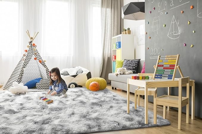TWINNIS Super Soft Shaggy Rugs Fluffy Carpets 9x12 Feet, Indoor Modern Plush Area Rugs for Living Room Bedroom Kids Room Nursery Home Decor, Upgrade Anti-Skid Fuzzy Rug, Grey and White