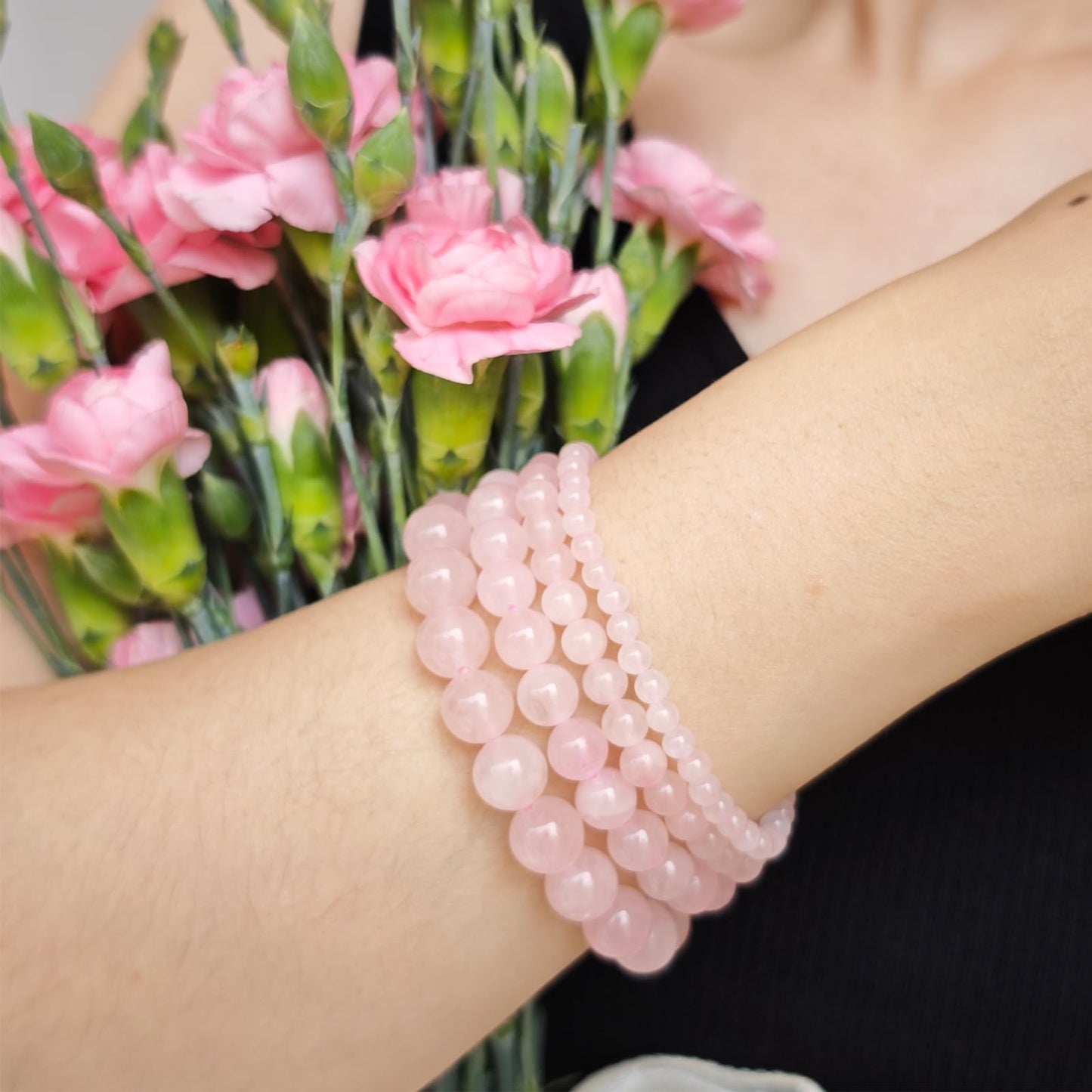 Handmade Natural Gemstone Elastic Bracelet - Healing Crystal Beads Jewelry, Unisex (Rose Quartz, 8mm)