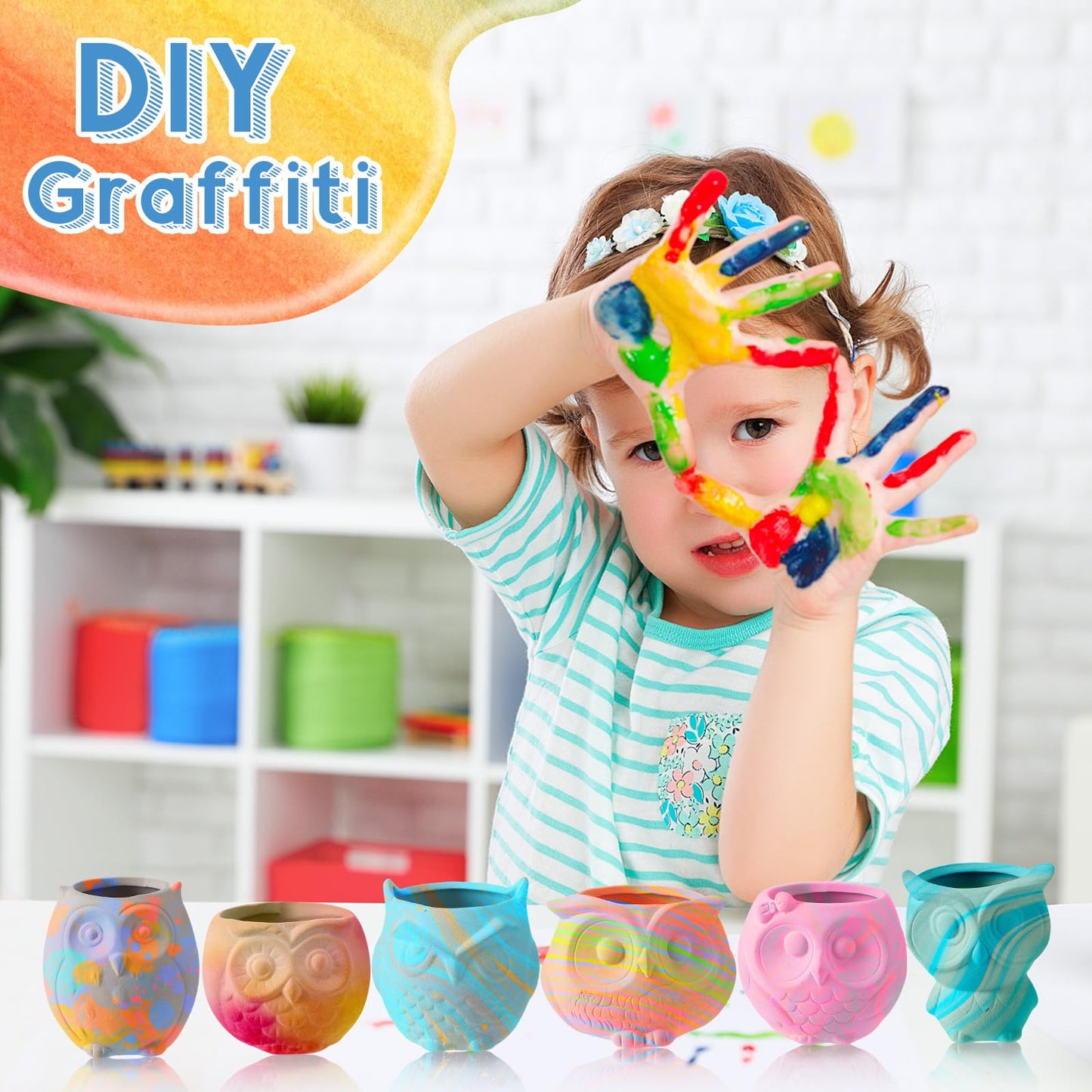 Dandat 12 Pcs Bisque DIY Ceramic Owl Succulent Pots Paint Your Own Ceramic Succulent Planters with 2 Set Paints Paintable Owl Ceramic Flowerpots with Drainage Hole for School Classroom Kids Craft