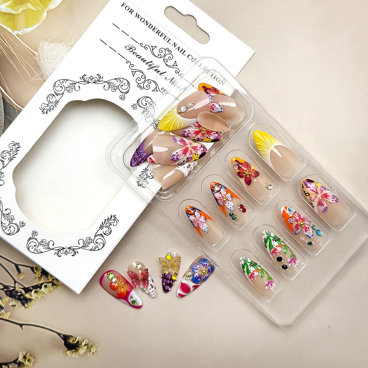 WBRRFJJ 24Pcs Medium Almond Acrylic Flower Press-on False Nails with 3D Colorful Butterfly Gems Design, Glossy Finish, Full Cover, Summer Stick-on Nails for Women