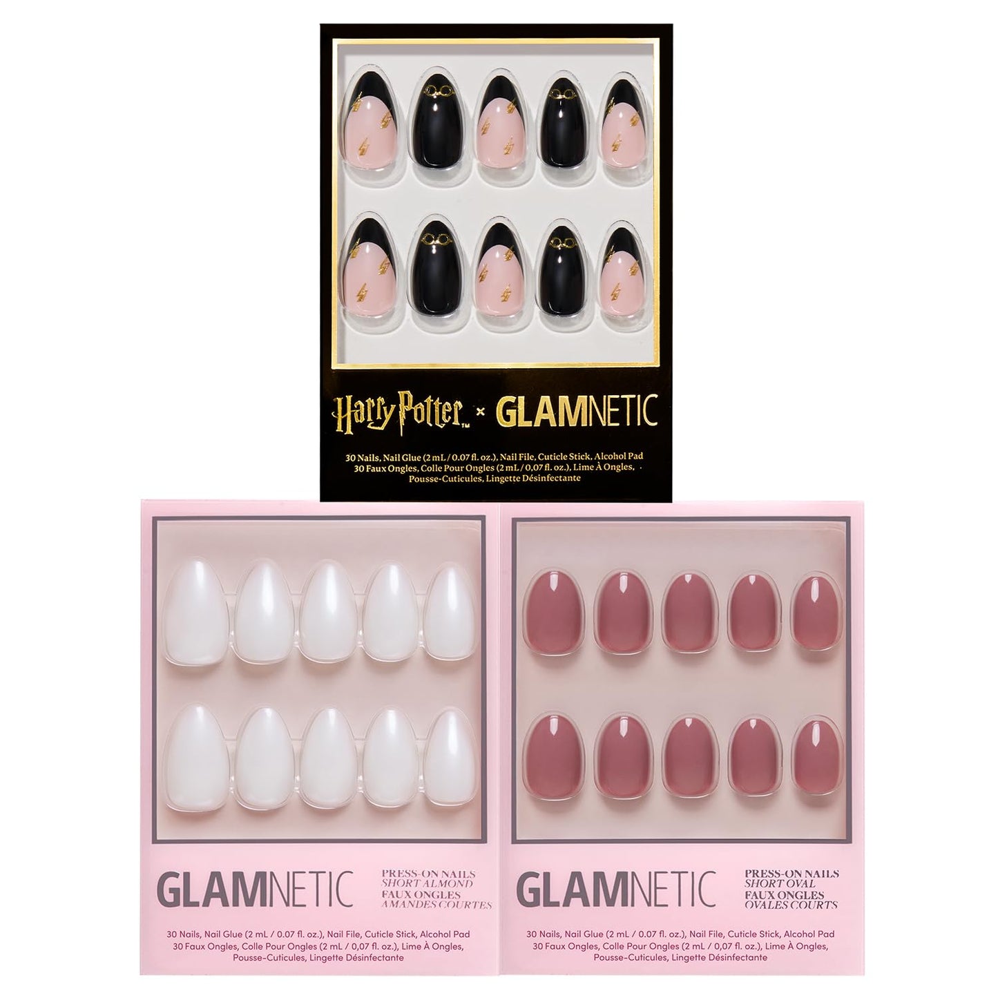 Harry Potter™ x Glamnetic Press-On Nails Bundle - Harry Potter™, Hailey & Fall Mauve | Short Almond Fake Nails with Black French Tips, Glasses & Hidden Lightning Details, Officially Licensed | Glazed