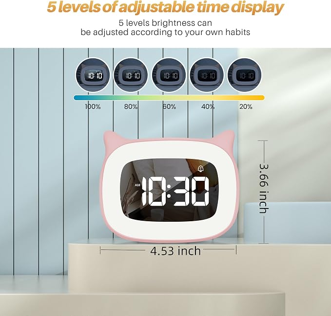 Cute Cat Ear Alarm Clock with Night Light for Bedroom,Pink
