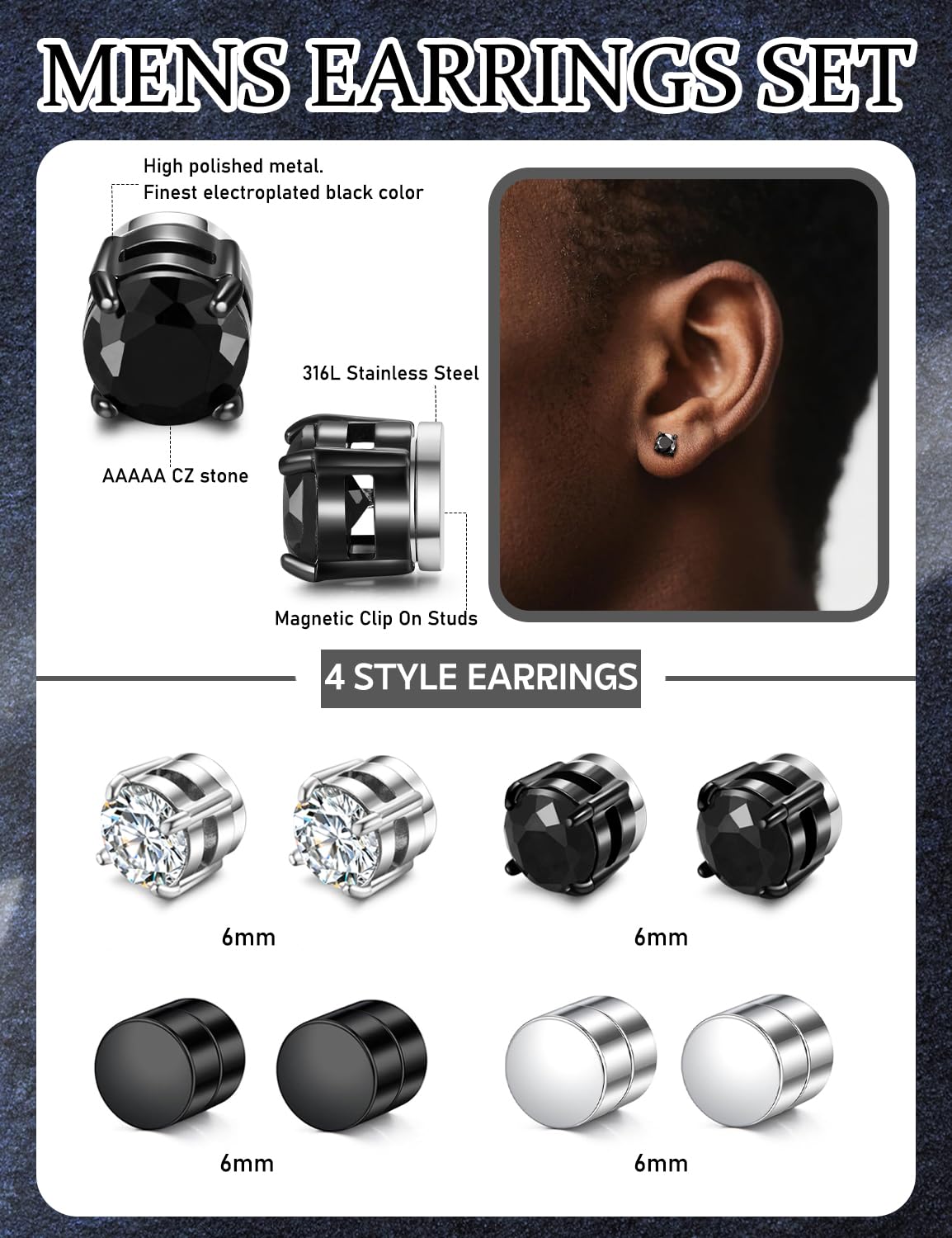 4 Pairs Stainless Steel Magnetic Stud Earrings for Men Women Non Piercing Clip on CZ Earrings 6MM (4 Pairs a Set,6MMBlack + Silver)