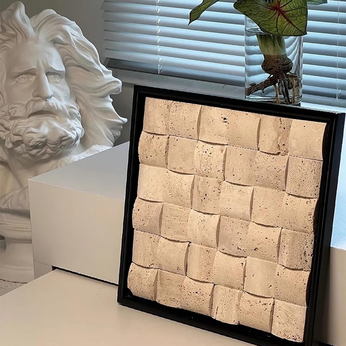 SIRIZEN-DIVING 3D Decorative Travertine Wall Art, Natural Stone Mosaic,Black Frame, Marble Decor, Marble Painting (Beige)