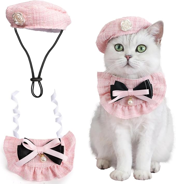 HOWWFALY Adorable Cat Princess Costume Blue Cat Beret with Little Heart & Lace Rabbit Bib Scarf Set, Adjustable Pet Costume for Halloween Christmas Birthday Parties