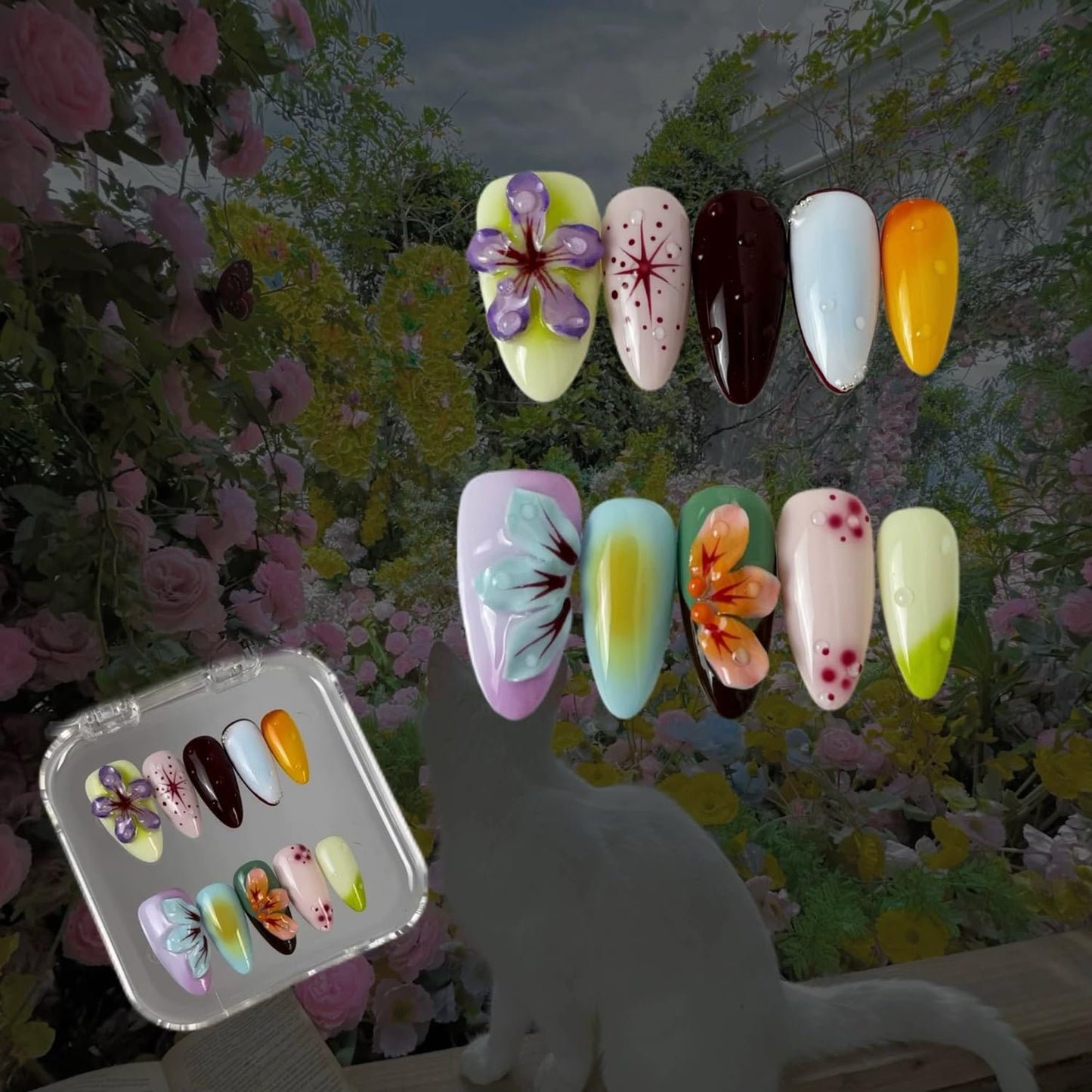 Luxury Press on Nails Medium Almond Handmade 3D Unique Reusable ABS Material Fake Nails Tropical False Nails with Designs Flower Water Drop Art Petal Glossy Glue on Nails Thick Acrylic Nails(M)