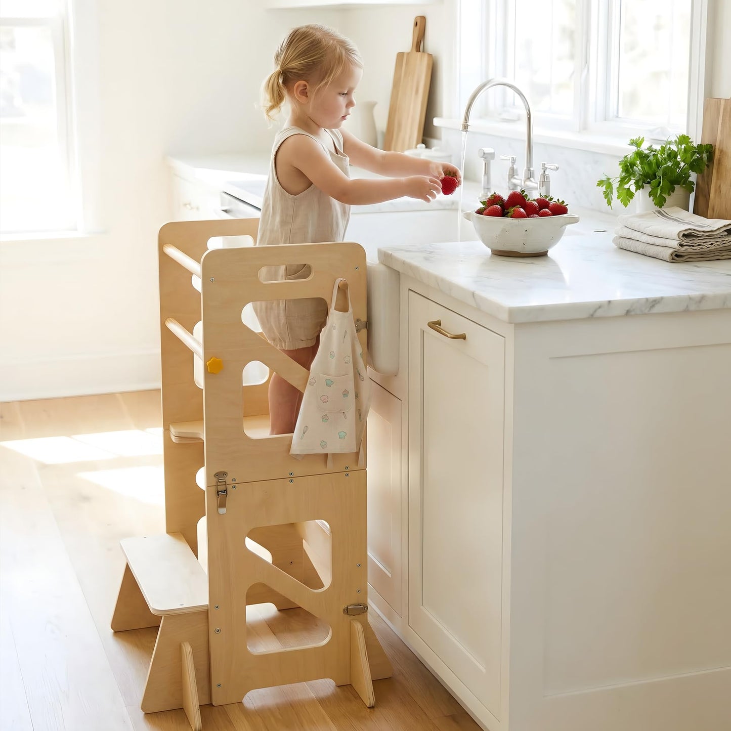 Toddler Kitchen Stool, 4 in 1 Foldable Toddler Tower with Anti-tip Structure, Montessori Learning Standing Tower for Kitchen Counter & Bathroom Sink, Kitchen Stool Helper for Kids 18M+