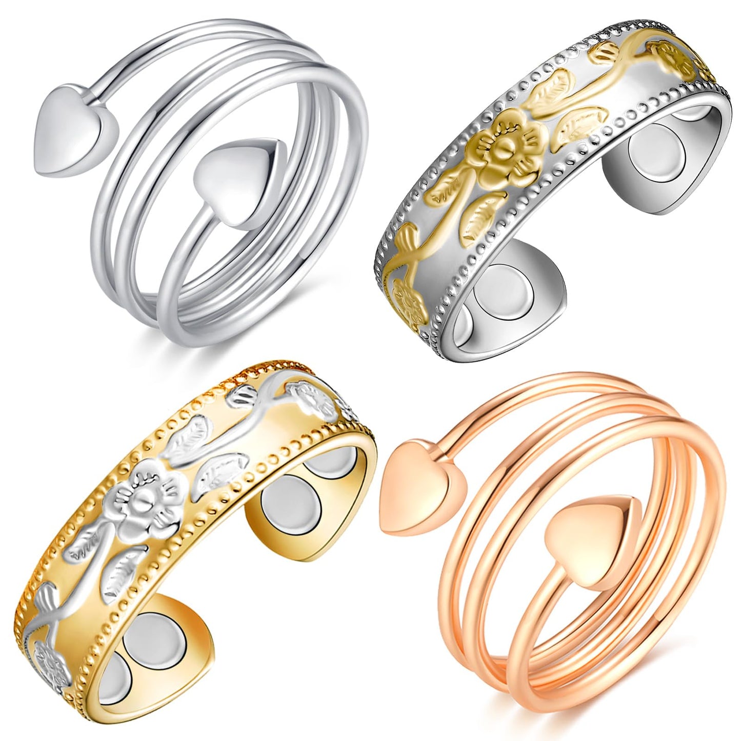Vicmag Copper Magnetic Ring for Women, Magnetic Rings Ladies Fingers Thumb 100% Solid Pure Copper Jewelry Gift Adjustable(4PCS Love Heart+Flower)