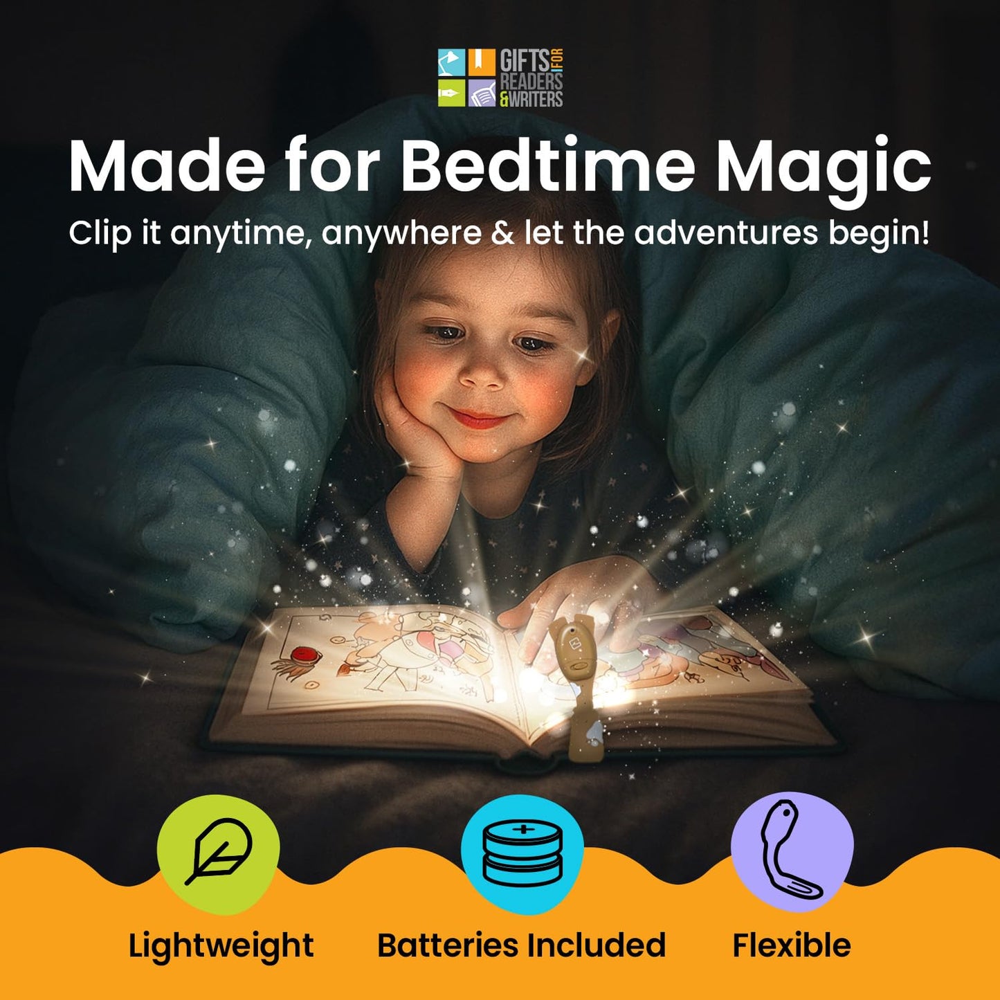 Gifts for Readers & Writers Book Light for Kids, Clip On Reading Light for Bed, 2in1 Flexilight Pals & Bookmark, Small & Lightweight with a Soft Glow, 2 Batteries Included, Dog
