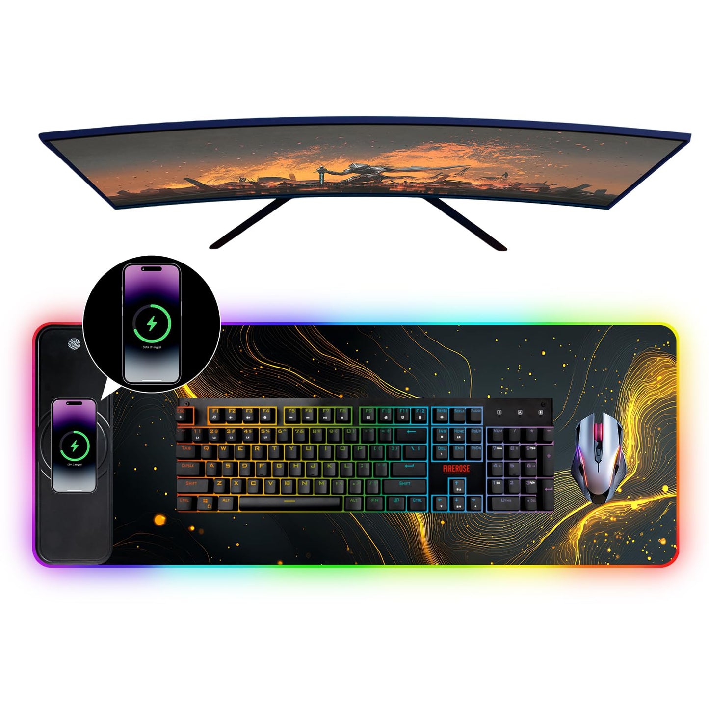 Wireless Charging RGB Gaming Mouse Pad, 31.5 x 11.8 Inch Extended Mouse Mat with Black & Gold Abstract Wave Design, LED Desk Pad with 7 Lighting Modes, Non-Slip Base for Gaming & Office