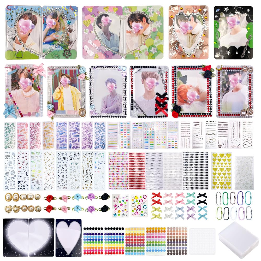 PALM LASHES K-pop DIY Photocard Toploader Decoration Kit – Includes 10pcs Hard Photocard Holder Sleeve 3D Flowers & Ribbon Bows, Stickers, and 3D Sticker for Card Trading