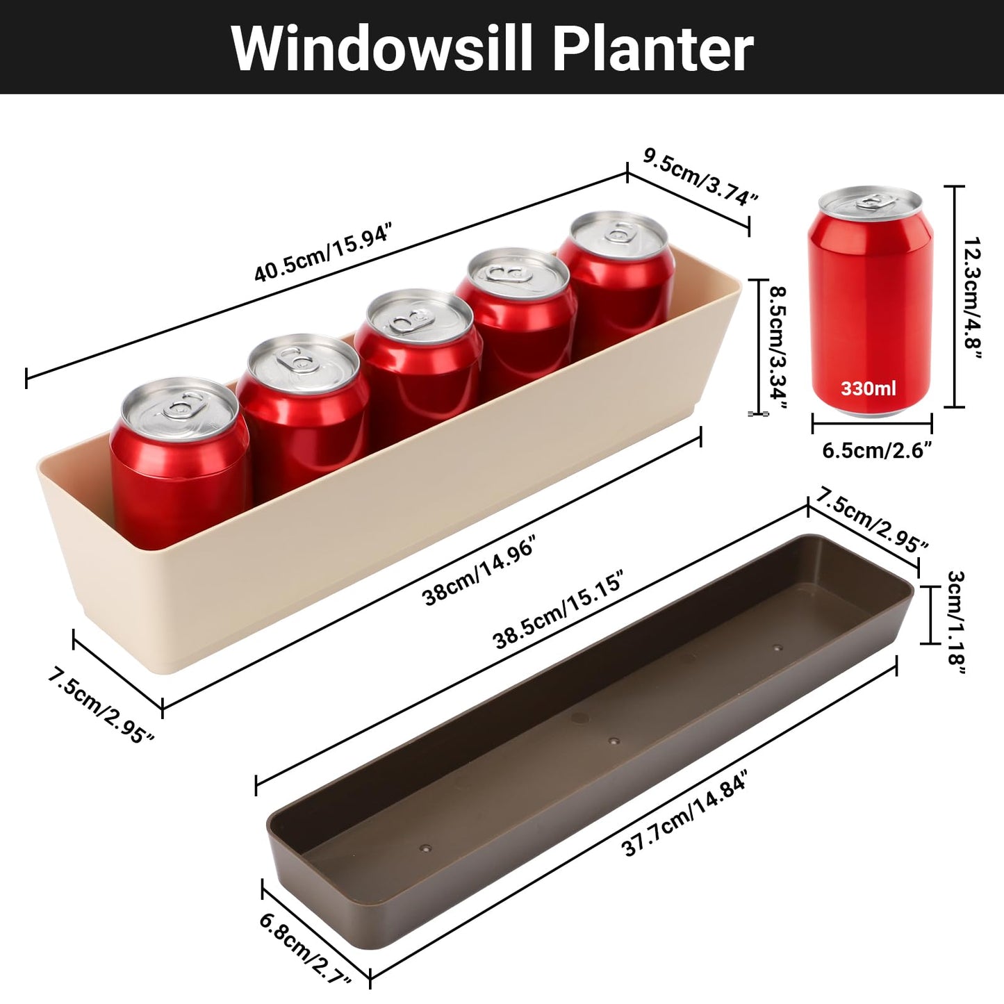 Suream Window Box Herb Planters, 3 Pack 16 x3.8 Inch Indoor Rectangle Succulent Cactus Plant Pots with Saucer, Modern Plastic Flower Container for Windowsill, Garden Balcony, Home Office Outdoor Decor