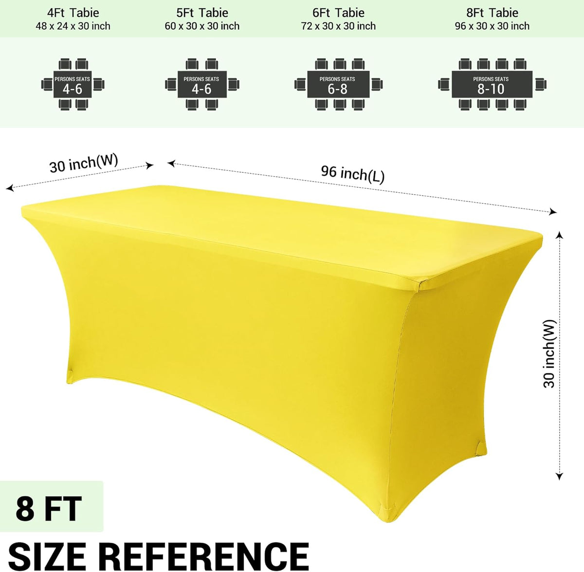 Obstal 8Ft Stretch Spandex Table Cover for Standard Folding Tables - 2 Pack Universal Rectangular Fitted Tablecloth for Party, Banquet, Events, Trade Show (Yellow, 96L x 30W x 30H Inches)