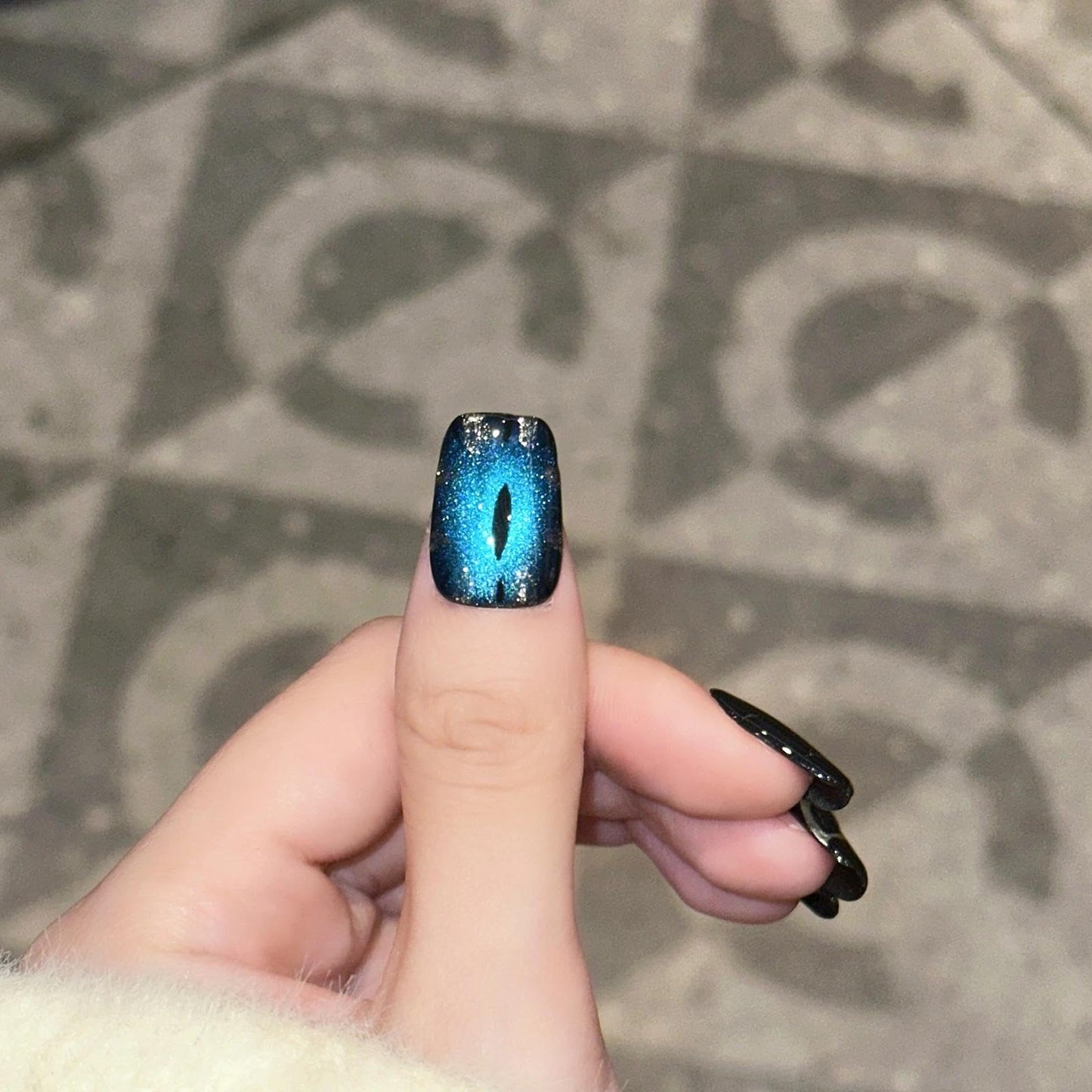 Handmade 3D Blue Black Glitter Square Press On Nails, Edgy Line Star Artisan Nails Set, Reusable Glossy Press-ons with Tool Kit (S)