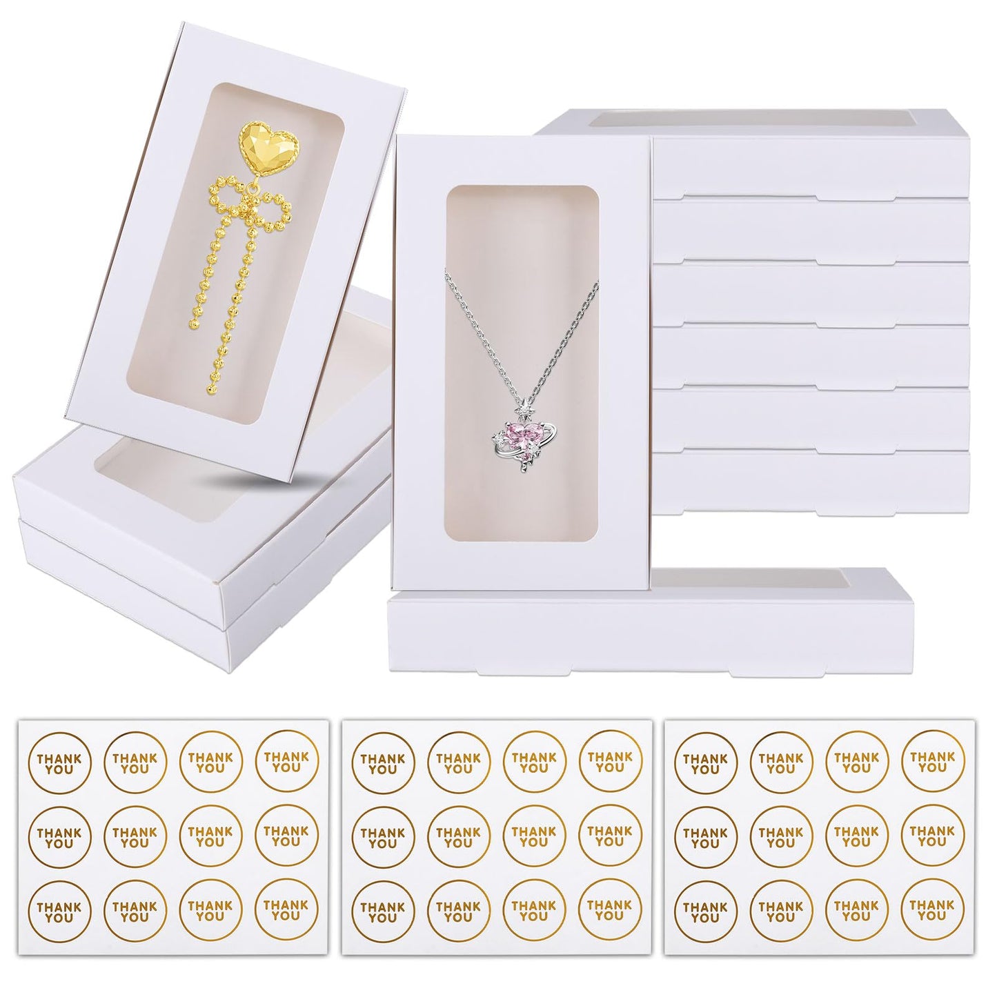 30 Pcs Jewelry Gift Boxes 3.15"X5.35"X0.7" Paper Necklace Box Bulk Jewelry Box with Clear Window 30 Display Card 36 Sticker Small Gift Boxes for Displaying Necklaces Christmas Birthday Wedding