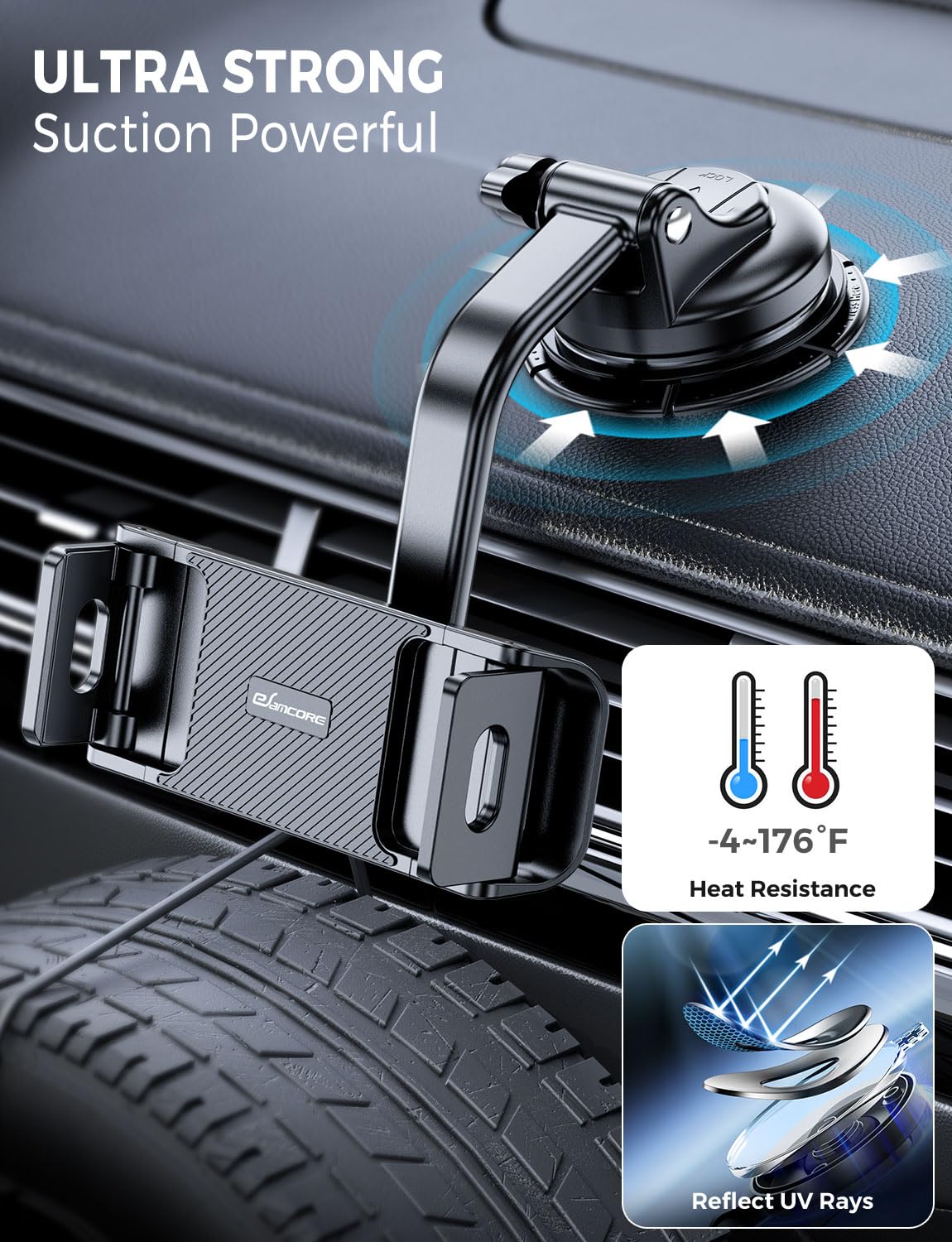 eSamcore Tablet Holder for Car Dashboard, Windshield Mount Holder for iPad & Foldable Phone Stand with Stable 360° Adjustable Clamp Car Gadgets & Accessories for iPad Air Pro Mini All 6”-11” Devices