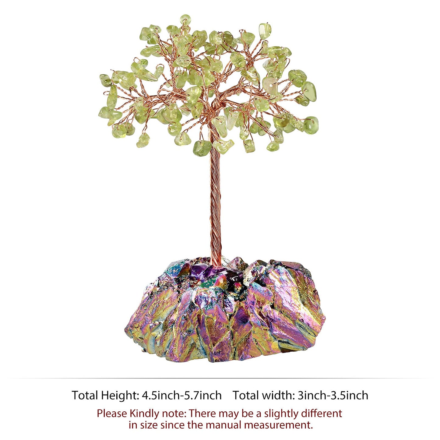 mookaitedecor Peridot Crystal Tree on Rainbow Titanium Crystal Cluster Stone Base Money Tree of Life for Good Luck Table Decoration 4.5-5.7 Inches