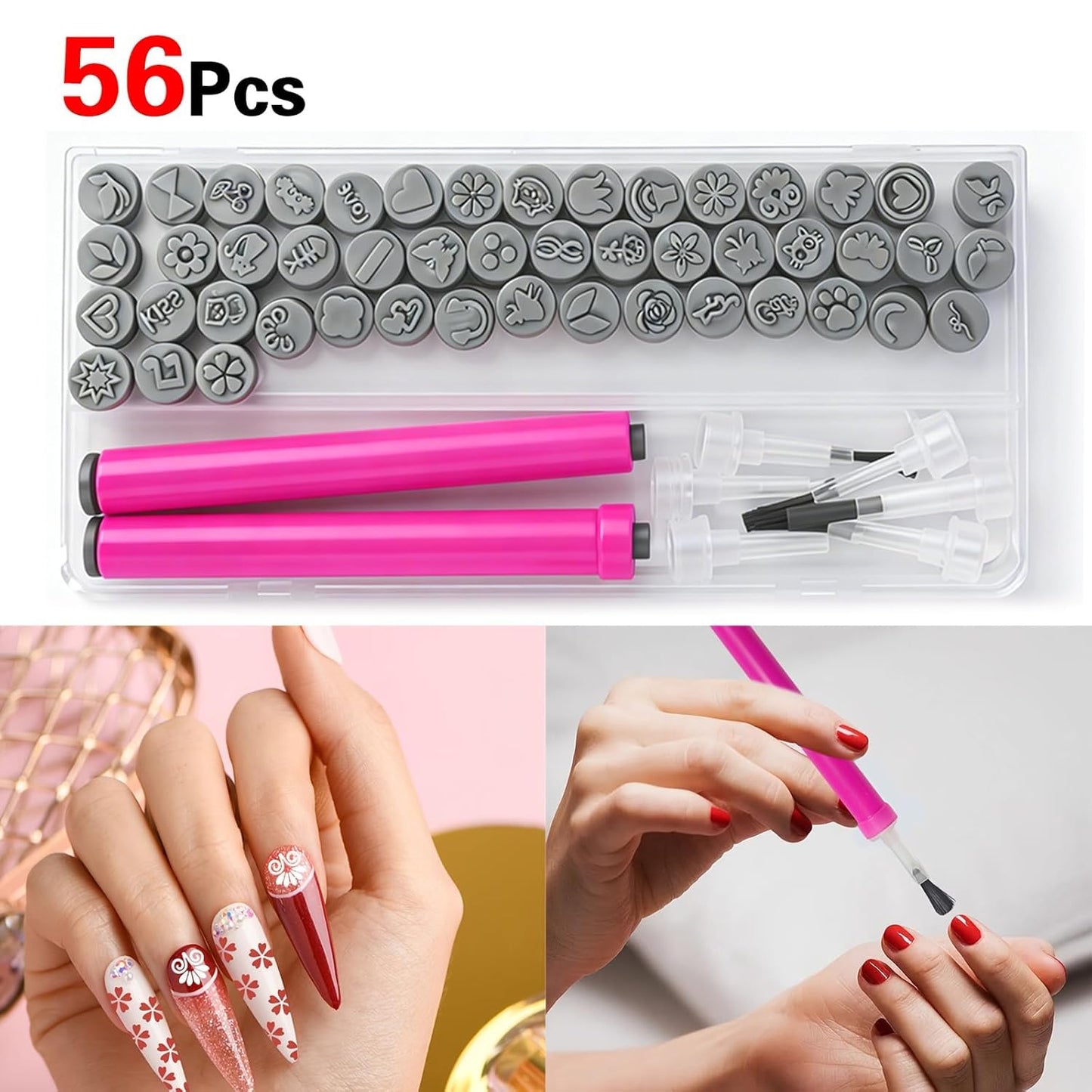 56Pcs Nail Art Stamping Pen Set Reusable DIY Nail Art Tool with Various Floral, Geometric and Animal Patterns - A Gift for Ladies