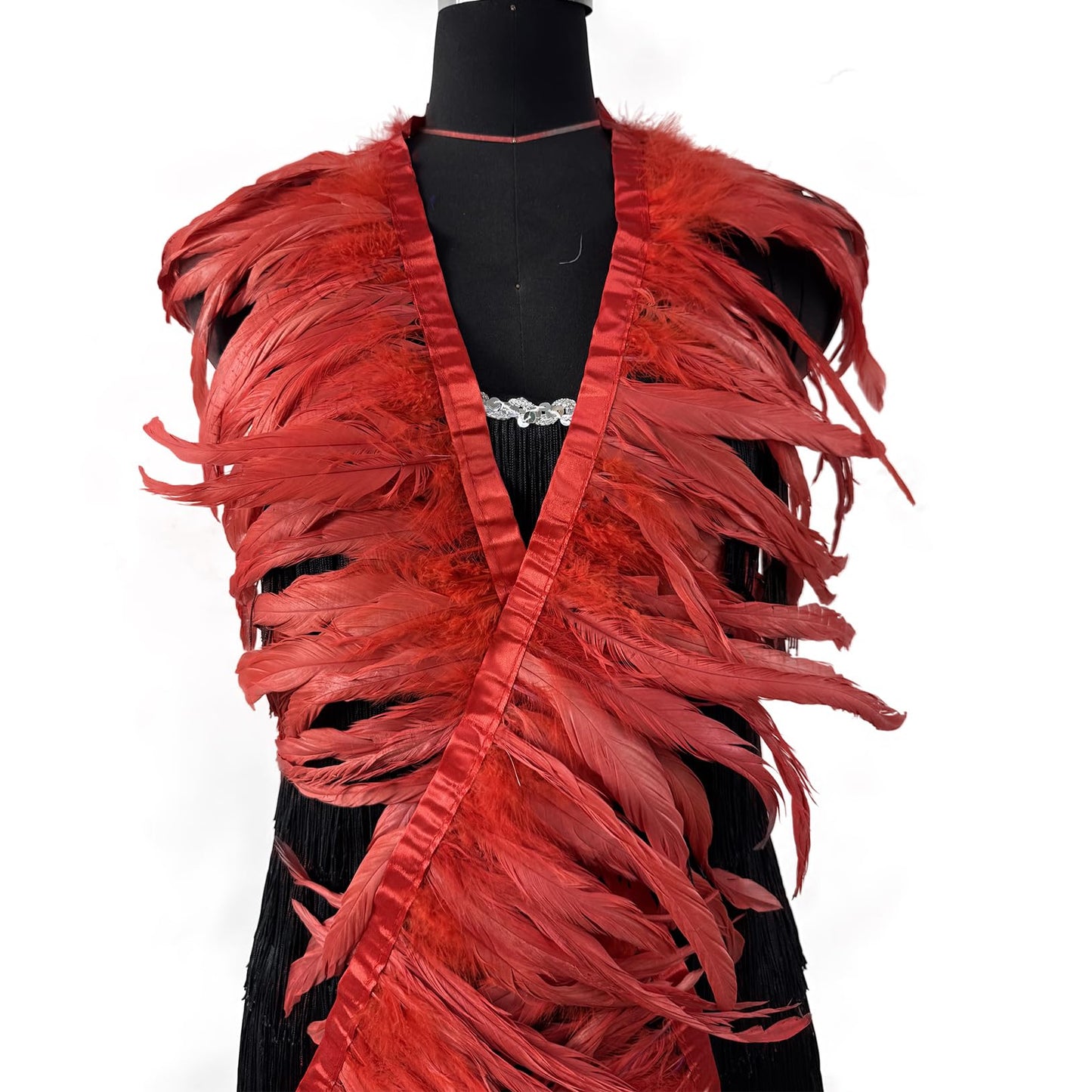 2 Yards 8-10" Rooster Hackle Feather Fringe Trim, Sewing Craft Feather for DIY Decorations-Red