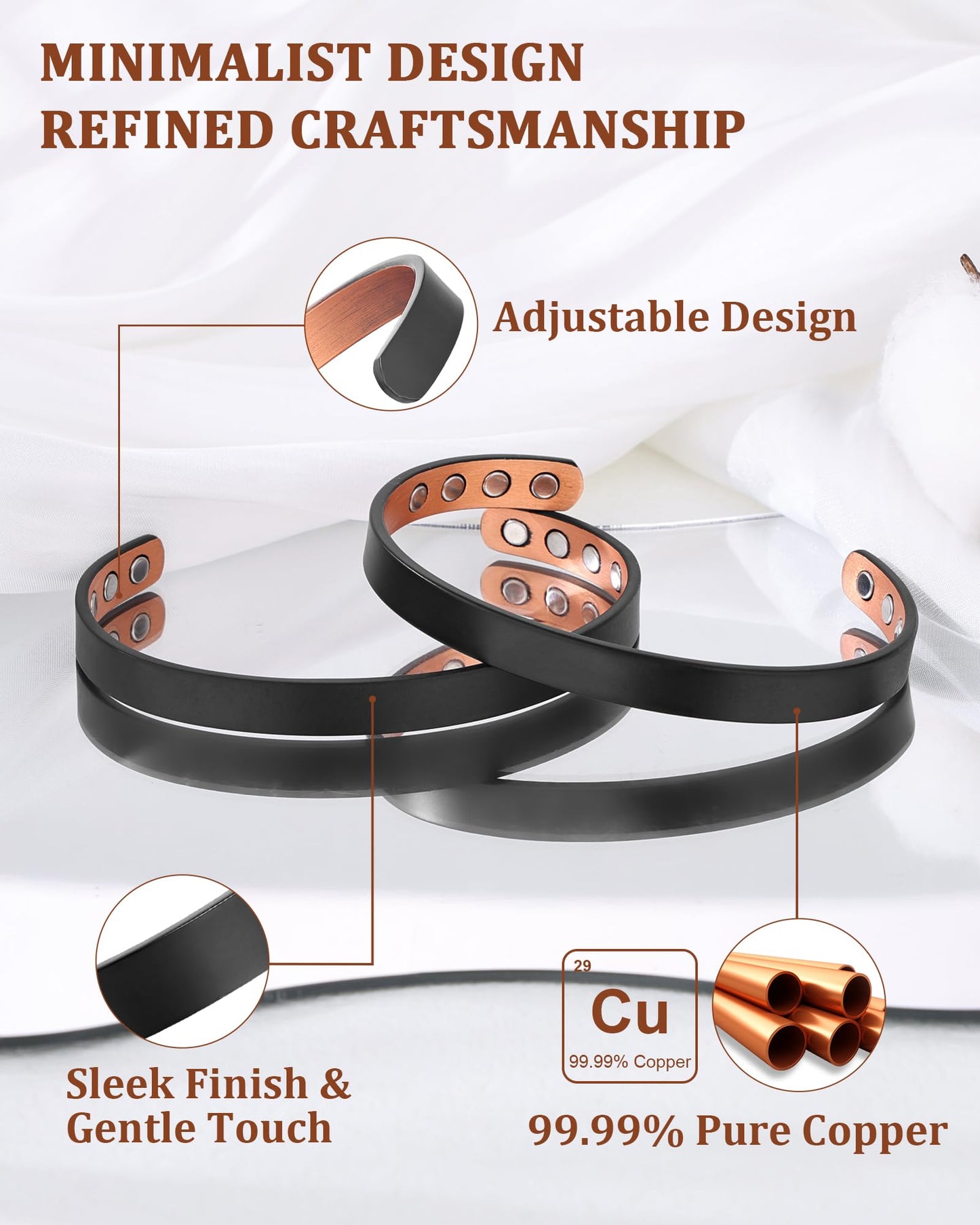 BioMag 2Pcs Copper Bracelets for Women Men, 99.99% Pure Copper Cuff Bangle with 8 Pcs Magnets with 3500 Gauss Magnets, Adjustable Size, Simple and Stylish Design