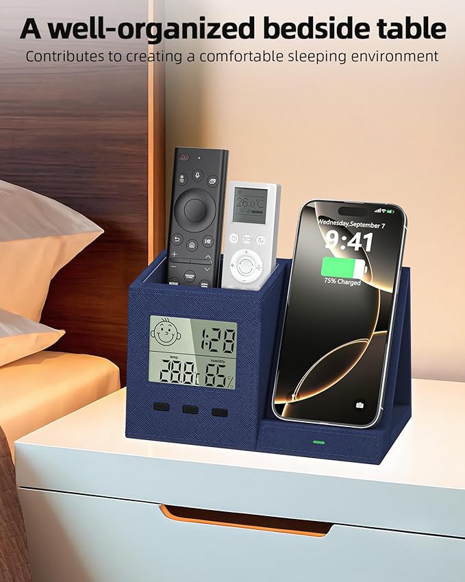 3-in-1 Wireless Charger with Pen Holder, Desk Clocks with Temperature and Humidity, Compatible with iPhone 16/15/14/13/12/11/8Series, Pencil Holder for Desk Home Office, Men Gift Idea Gadget, Blue