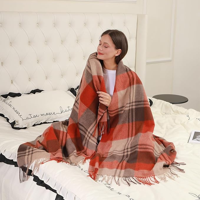 Throw Blanket Plaid with Carry Bag | Soft Wool Travel Blanket 55"x83" 1.5lbs | Festive Christmas Plaid Decorative Throw for Couch, Camping & Gift