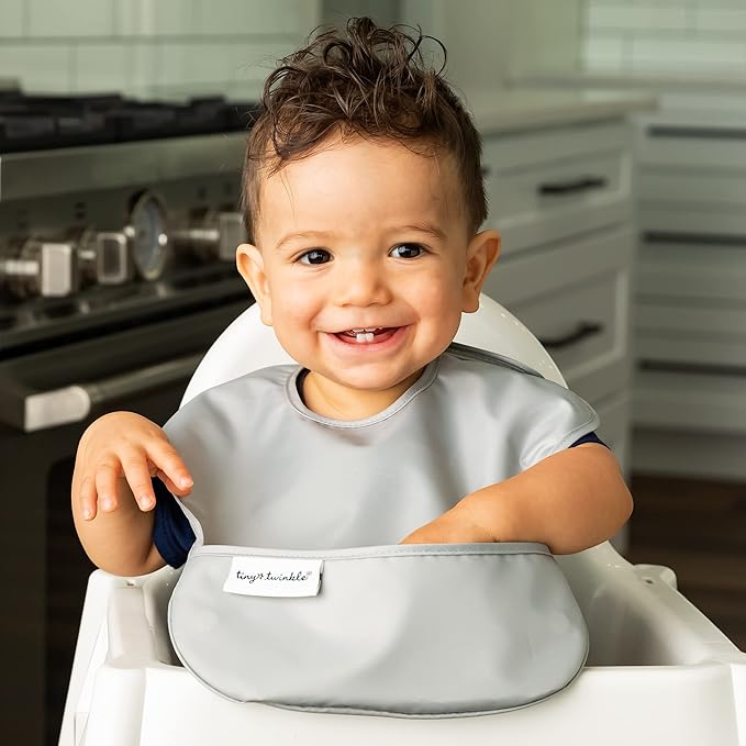 Tiny Twinkle Mess-Proof Baby Bibs for Eating | Waterproof, Wipeable Toddler Bibs with Catch-All Pocket | Feeding Bibs for Girls & Boys(5 Pack, Unisex Solids)