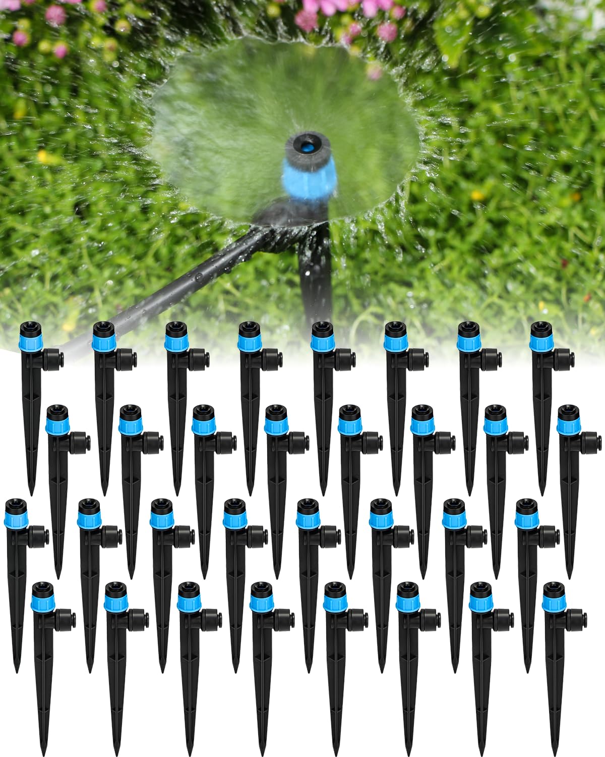 Landtouch 36Pack Drip Irrigation Parts, Quick Connect 1/4" Adjustable 360° Emitter Sprinklers with 6" Stake, Easy-Clean for Garden & Farm Irrigation Systems