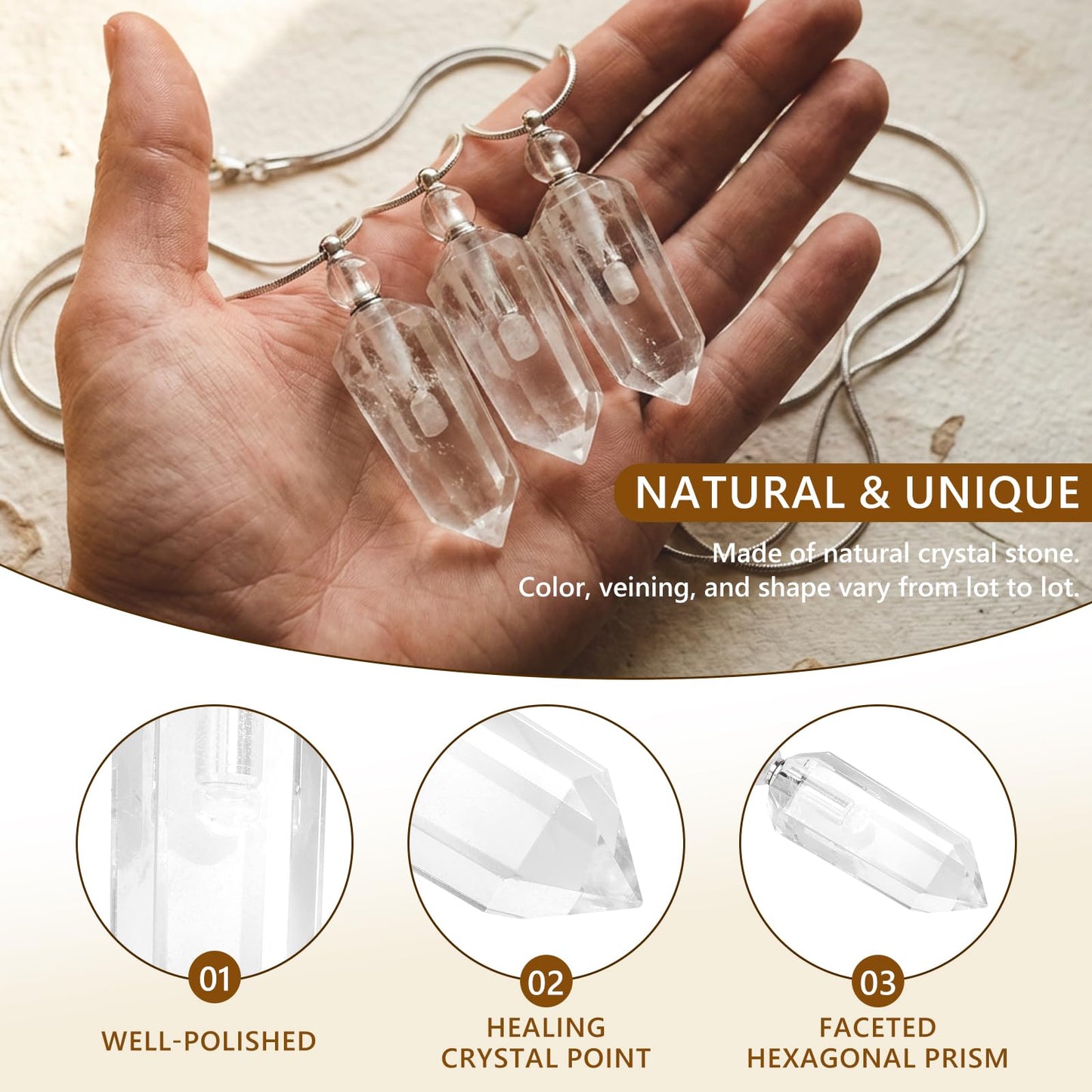 SUNYIK Rock Quartz Stone Essential Oil Diffuser Necklace for Women, Hexagonal Pointed Healing Crystal Perfume Bottle Pendant with Chain for Men, 28"