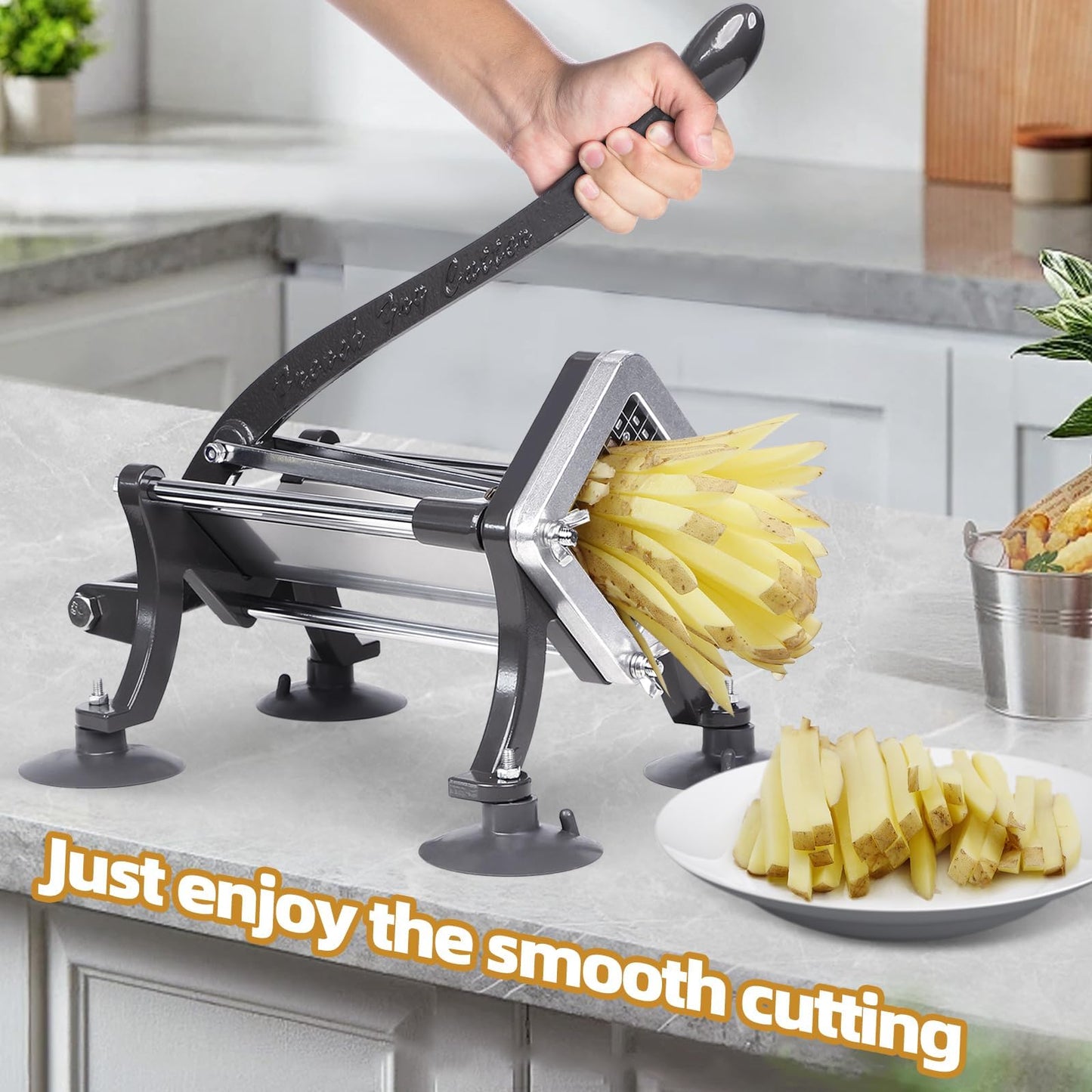 French Fry Cutter Commercial Grade Potato Slicer with Stand Suction Feet Complete Set, Includes 1/4", 3/8", 1/2", 2 Pieces L Stand