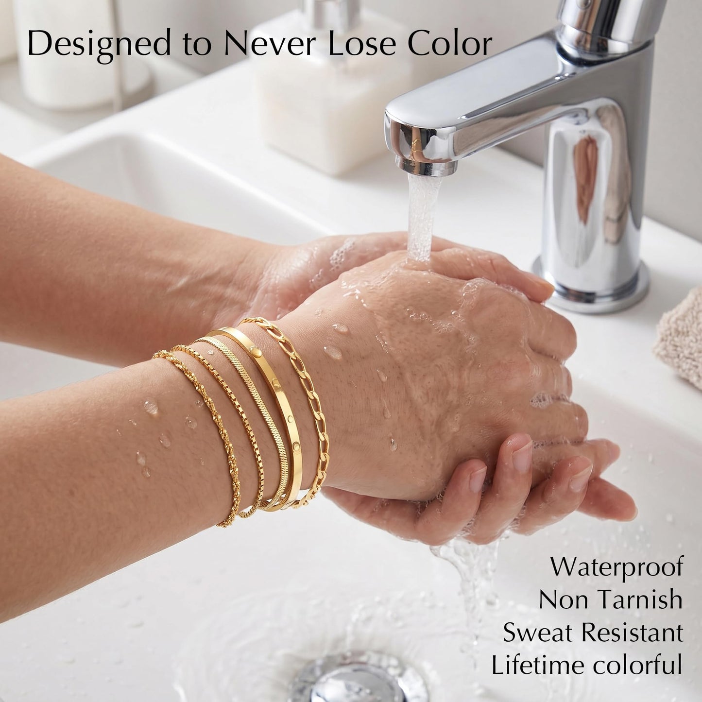 Chunky Gold Bracelets for Women Waterproof, Stack Bracelet Set Layered Chunky Bangle, Box Link, Paperclip, Herringbone, Sparkling Chain, Adjustable Waterproof Non Tarnish Jewelry Gifts for Women