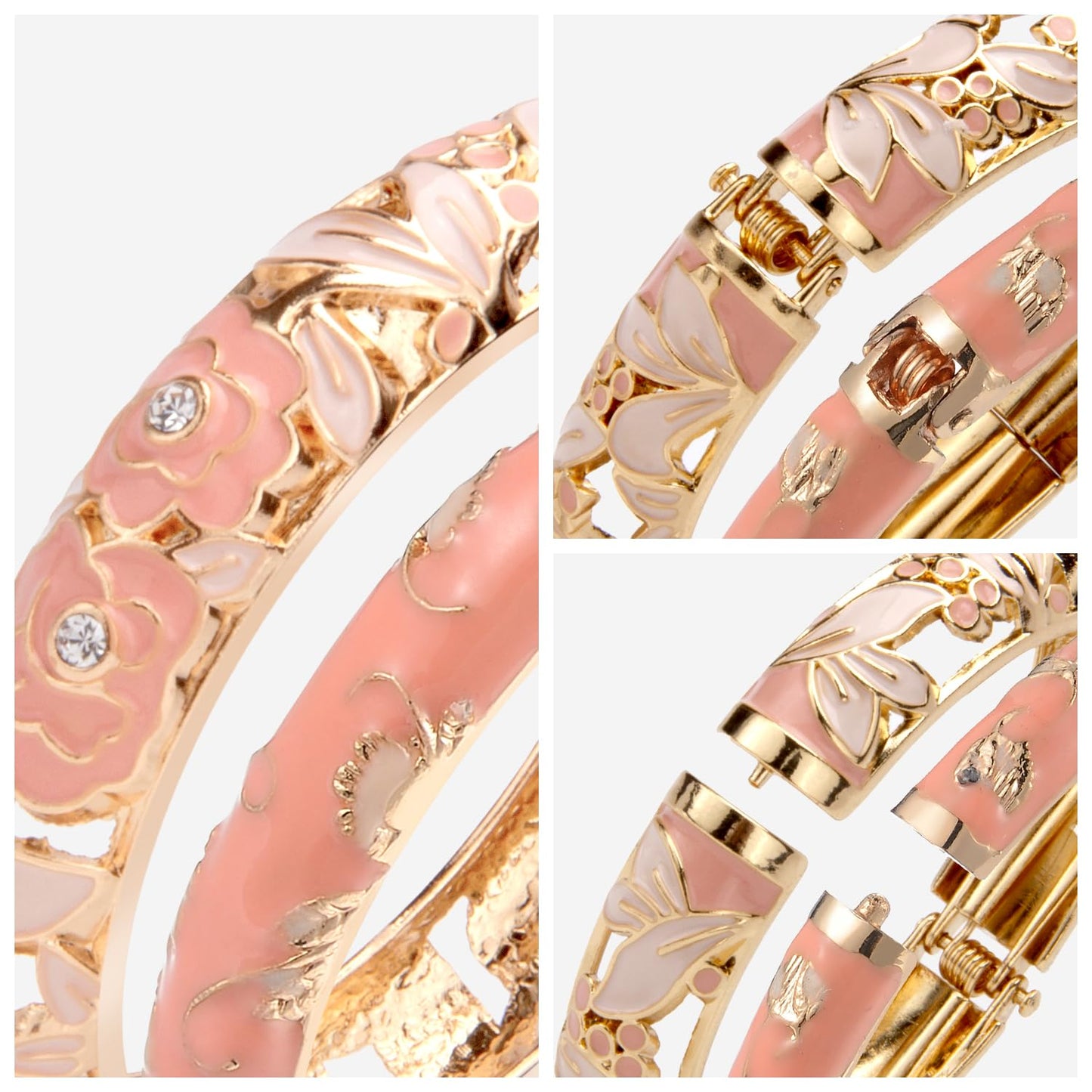 UJOY Vintage Jewelry Cloisonne Handcrafted Enameled Gorgeous Rhinestone Rose Hinged Cuff Bracelet Bangles Gifts 88A10-3PCS Pink
