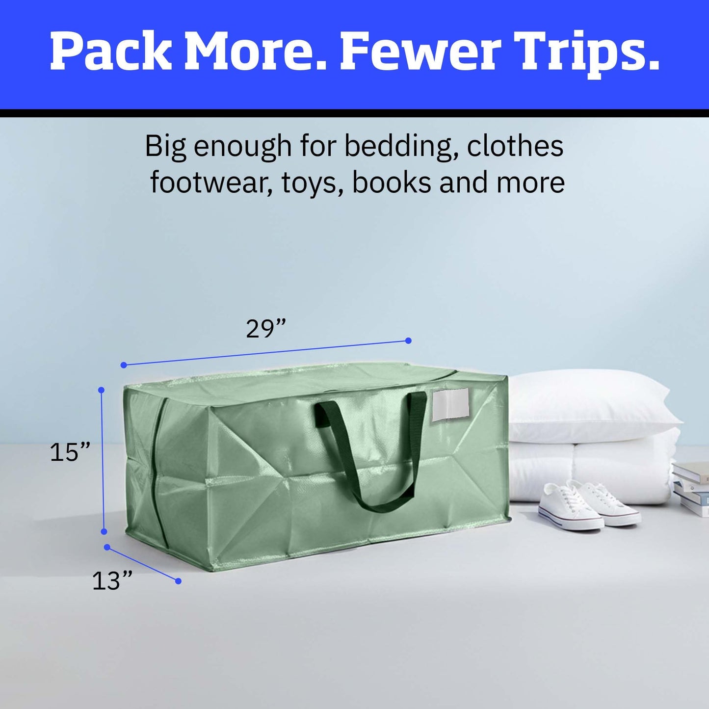 DURASACK Heavy Duty Moving Bag Storage Container Duffle Bag with Zipper, Reinforced Carry Straps and Backpack Straps, Made of Rugged Woven Polypropylene, Pack of 4, Sage